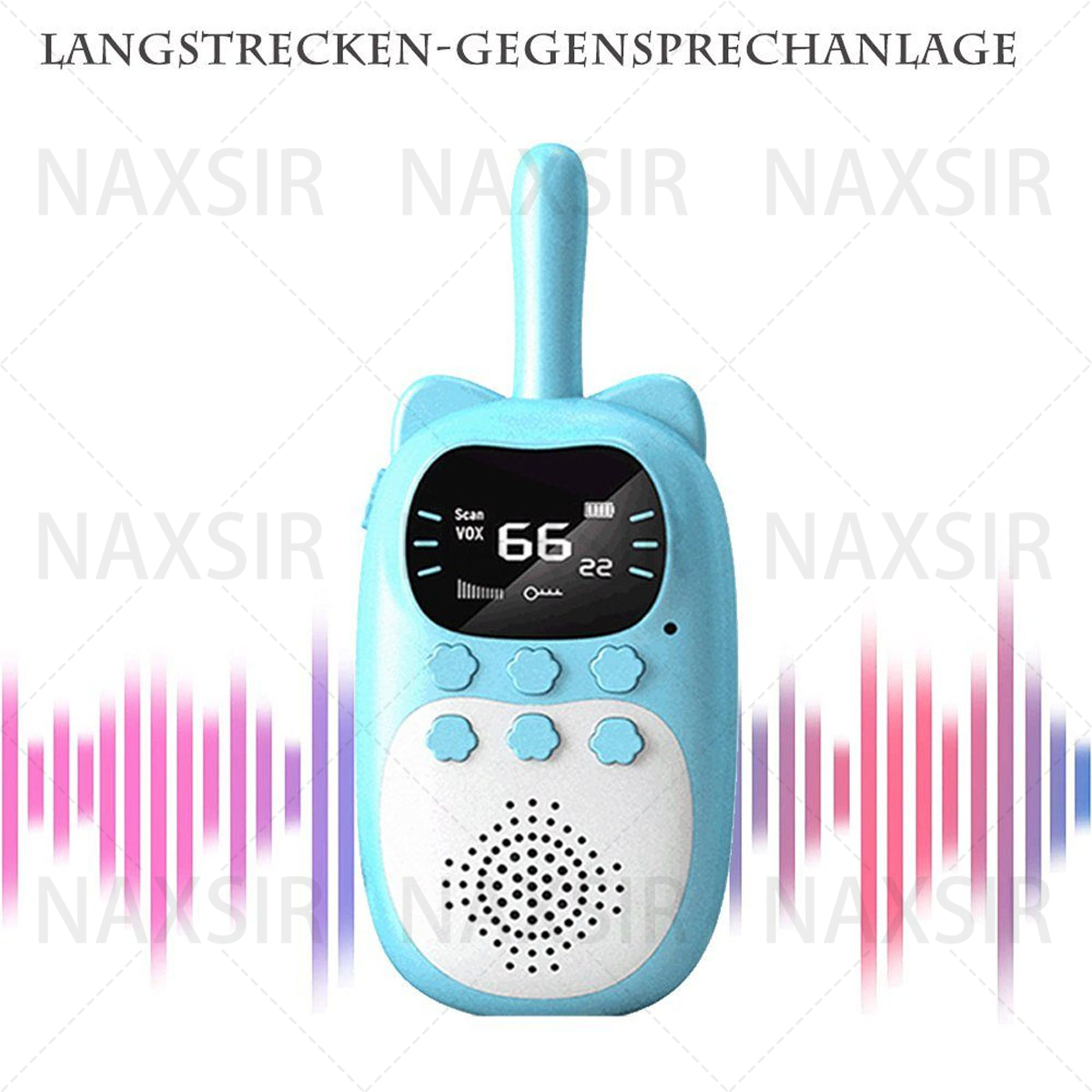 Ein blaues Walkie-Talkie-Spielzeug mit Katzenohren-Design. Es hat Knöpfe und ein Display.