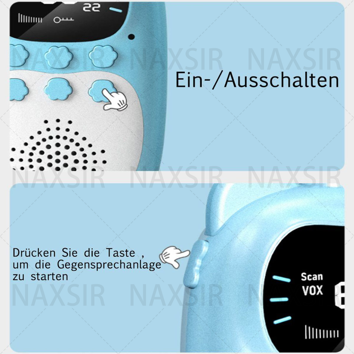 Nahaufnahme eines blauen Walkie-Talkie-Spielzeugs, das Knöpfe und Bildschirm zeigt.