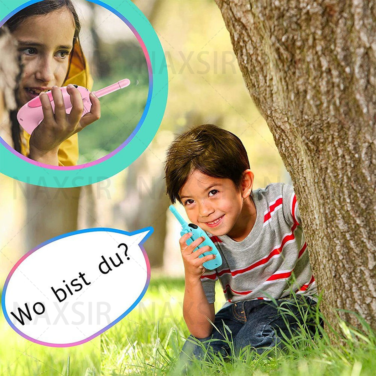 Ein Junge hält ein blaues Walkie-Talkie, redet mit einem Mädchen, das ein pinkes hält, mit Text: Wo bist du?