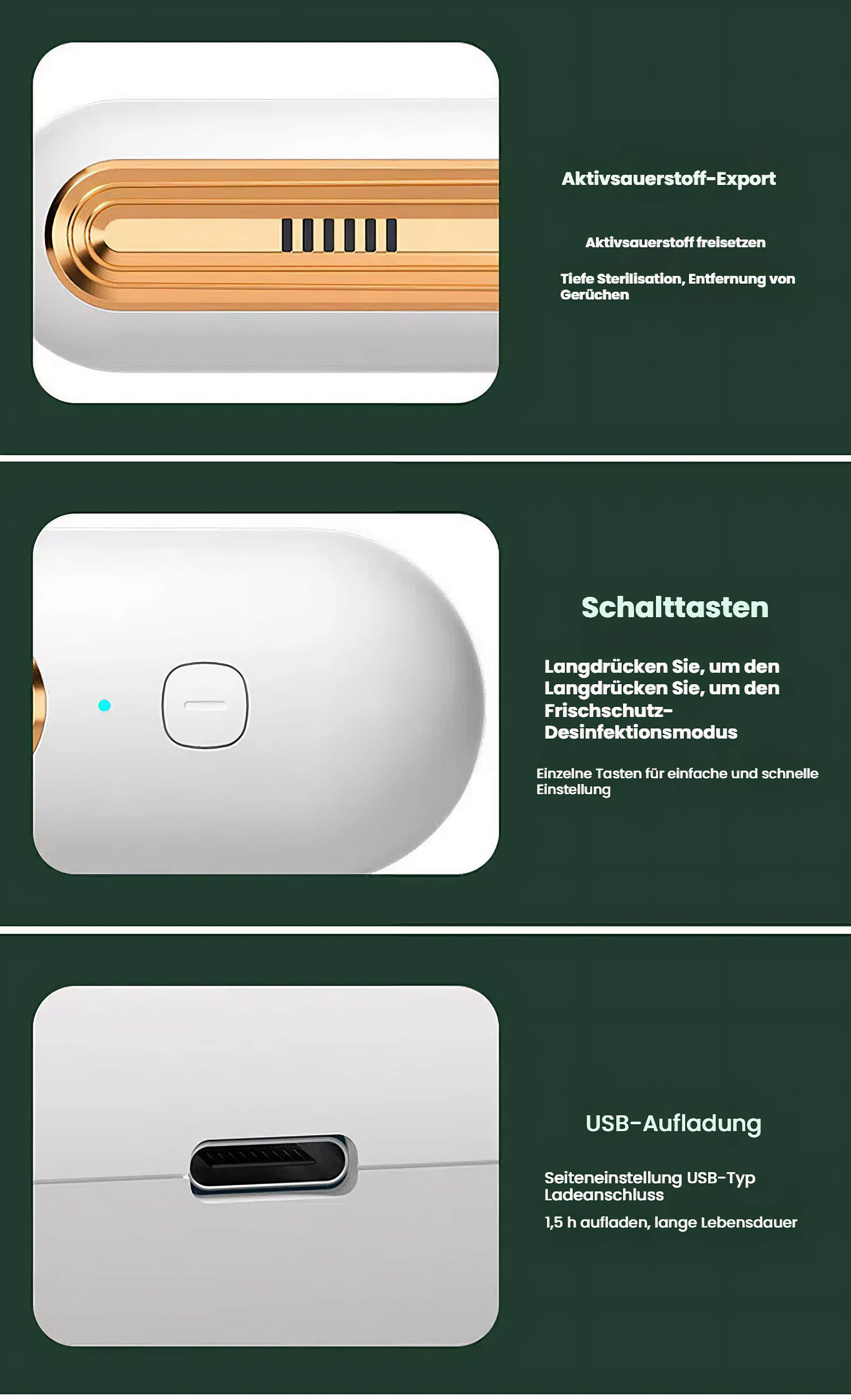 Nahaufnahmen eines weißen elektronischen Geräts mit goldenen Akzenten, die Knöpfe, Ladeanschluss und Design details zeigen.