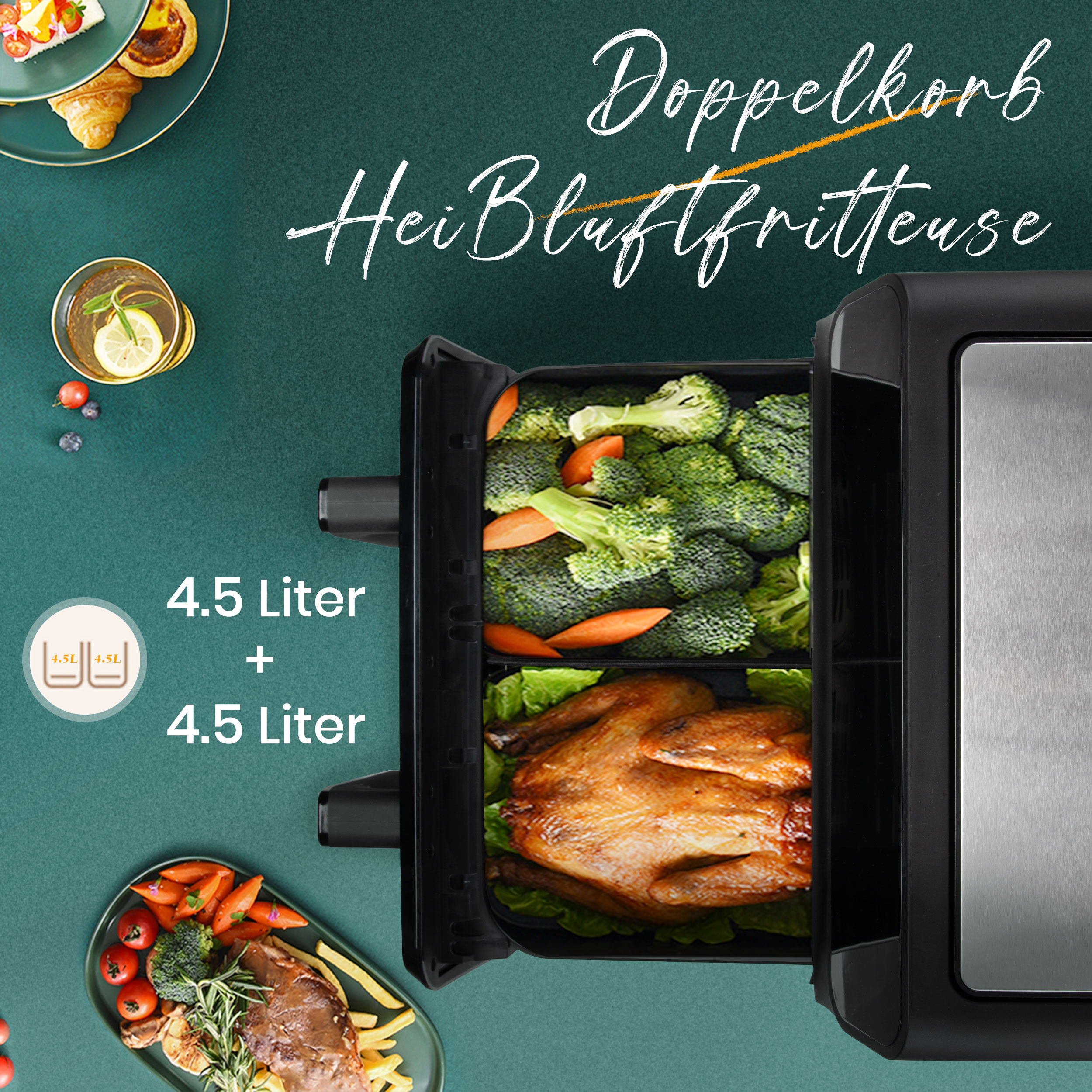 Eine Heißluftfritteuse mit zwei Fächern, eines mit Gemüse und eines mit Braten. Zutaten umgeben sie auf Tellern.