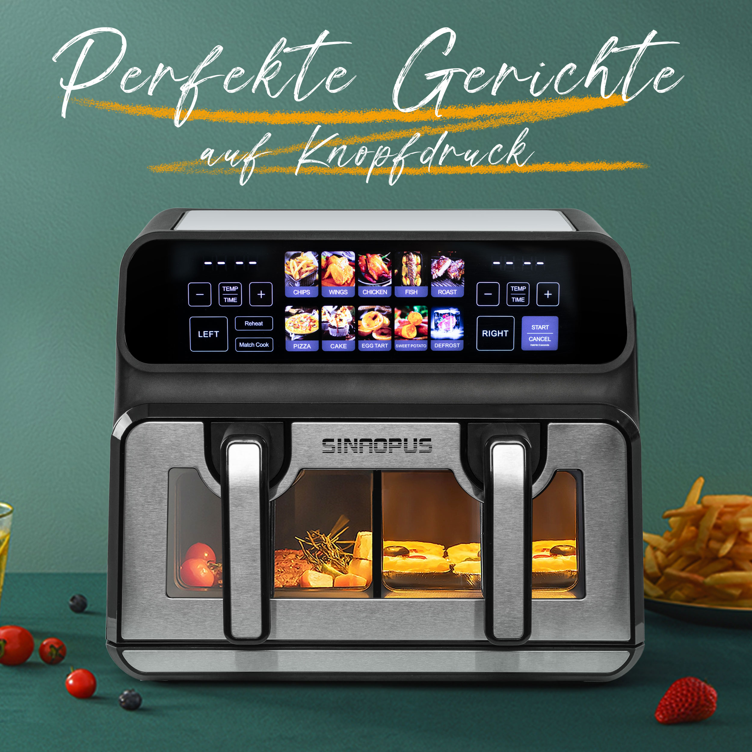 Schwarze und silberne Heißluftfritteuse mit Touchscreen-Bedienfeld. Lebensmittel.