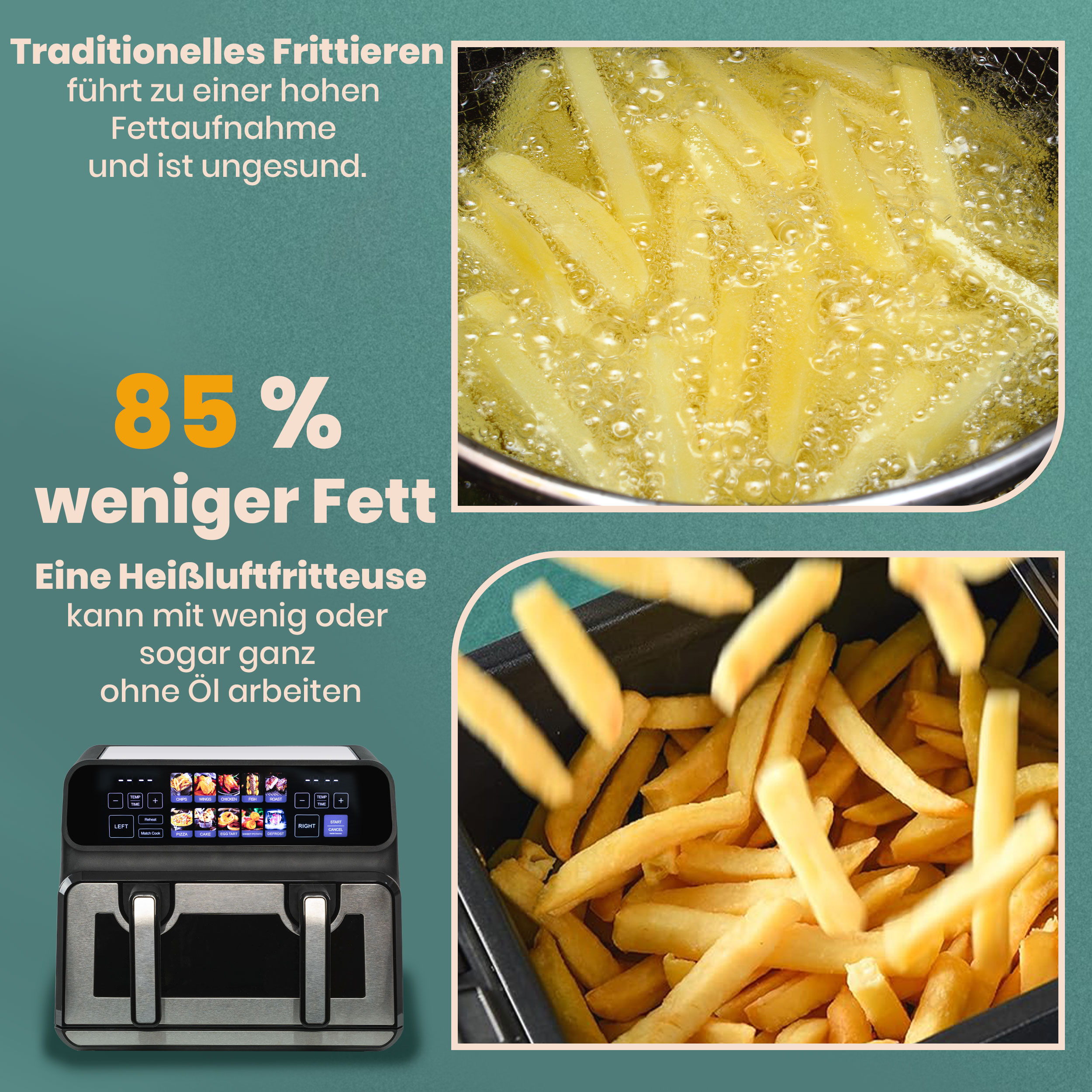 Heißluftfritteuse mit Text an der Seite. Pommes im Hintergrund und Vordergrund.