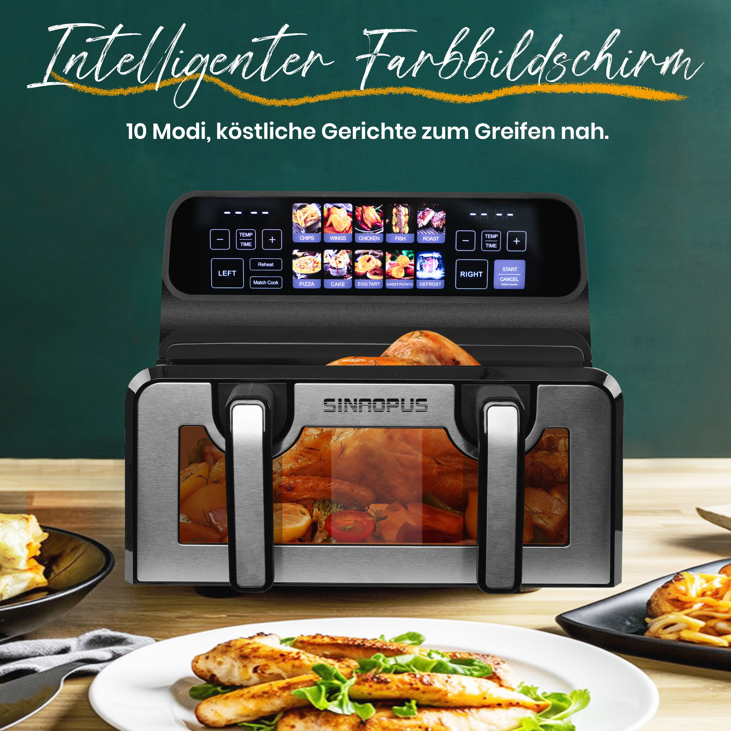 Eine moderne Heißluftfritteuse mit Digitalanzeige und Bedienfeld. Essen im Inneren, mit Text auf Deutsch über der Fritteuse.
