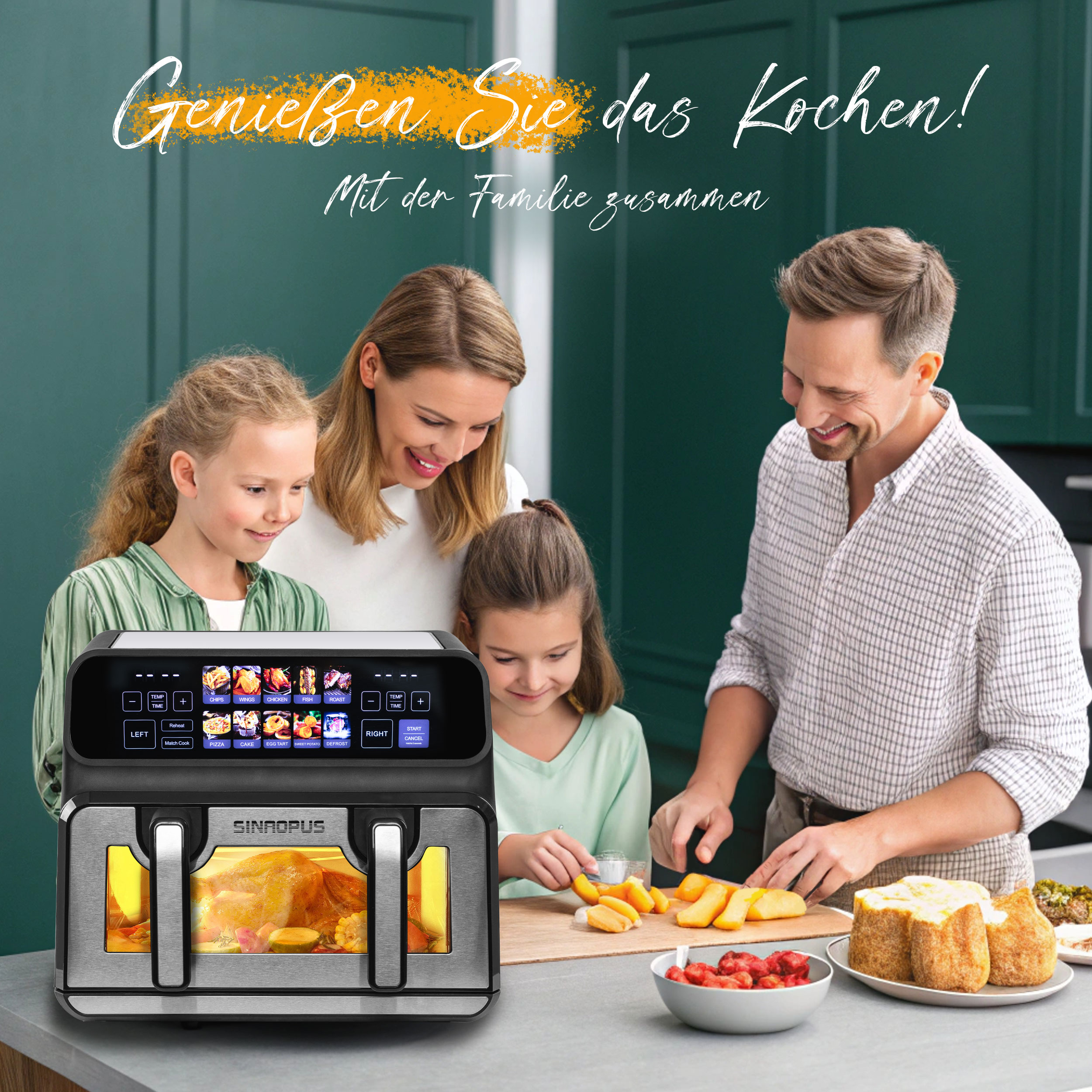 Familie in der Küche mit Fritteuse, die Essen zubereitet. Ein Mann und zwei Mädchen schneiden Obst. Text: Kochen mit Familie genießen.