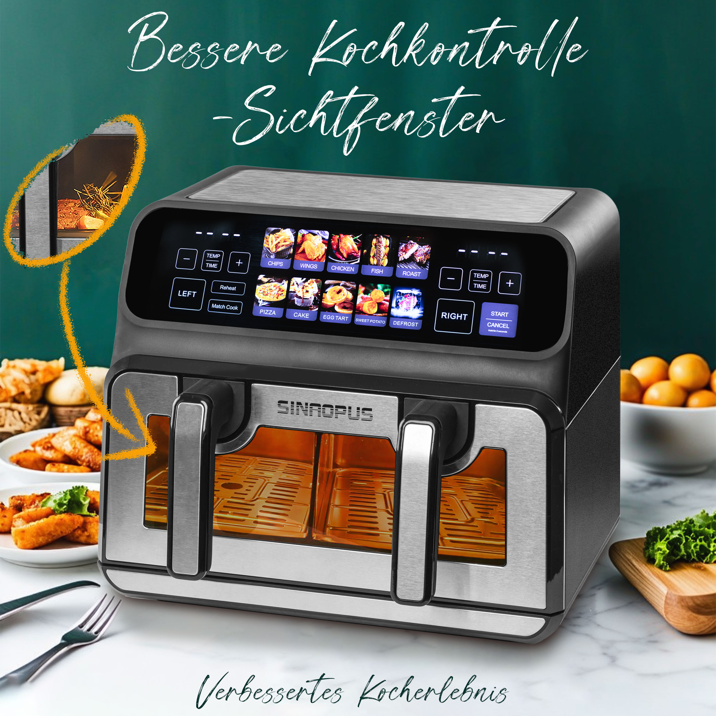 Eine Doppel-Heißluftfritteuse mit digitalem Bildschirm, der verschiedene Kochoptionen zeigt.
