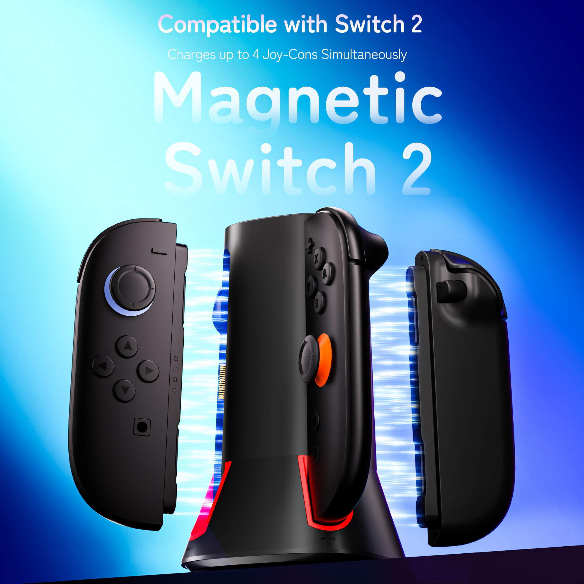 Eine schwarze Ladestation für Joy-Cons mit magnetischem Design, lädt bis zu 4 Controller gleichzeitig.