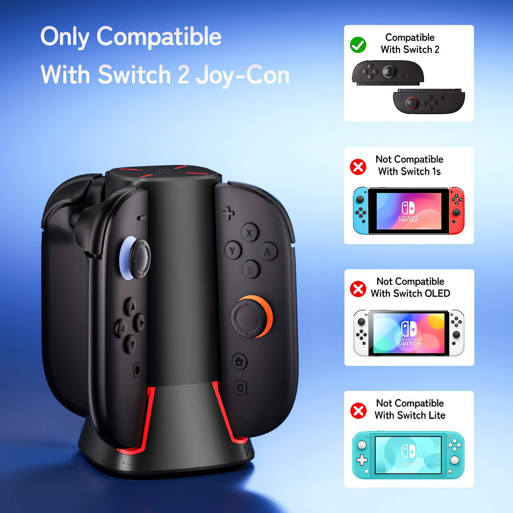 Eine schwarze Ladestation für Gamecontroller mit Controllern und Text zur Kompatibilität. Weißer Hintergrund.
