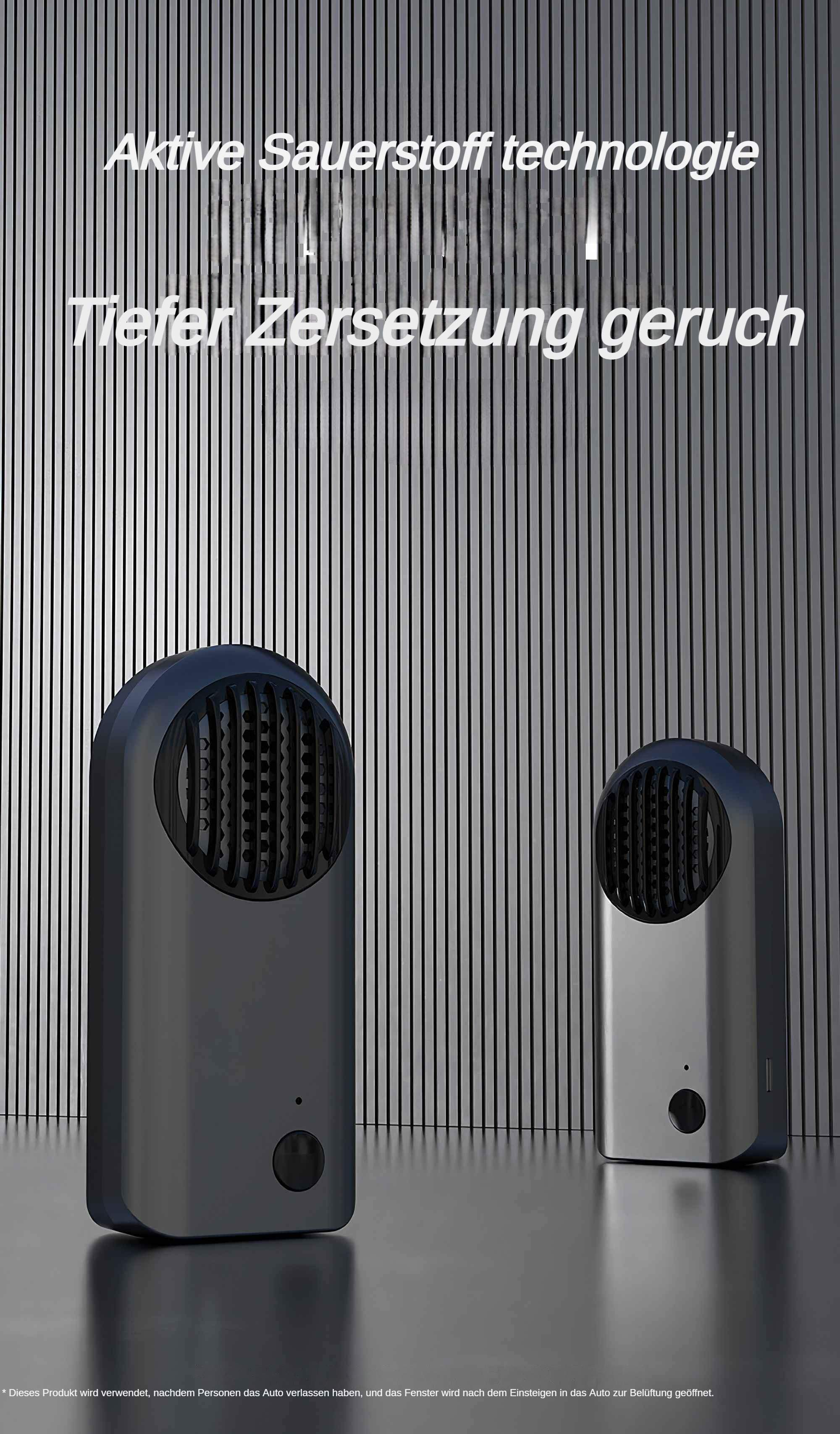 Zwei kleine, dunkelgraue Luftreiniger auf gestreiftem Hintergrund. Sie haben ein abgerundetes Design und einen einzelnen Knopf.