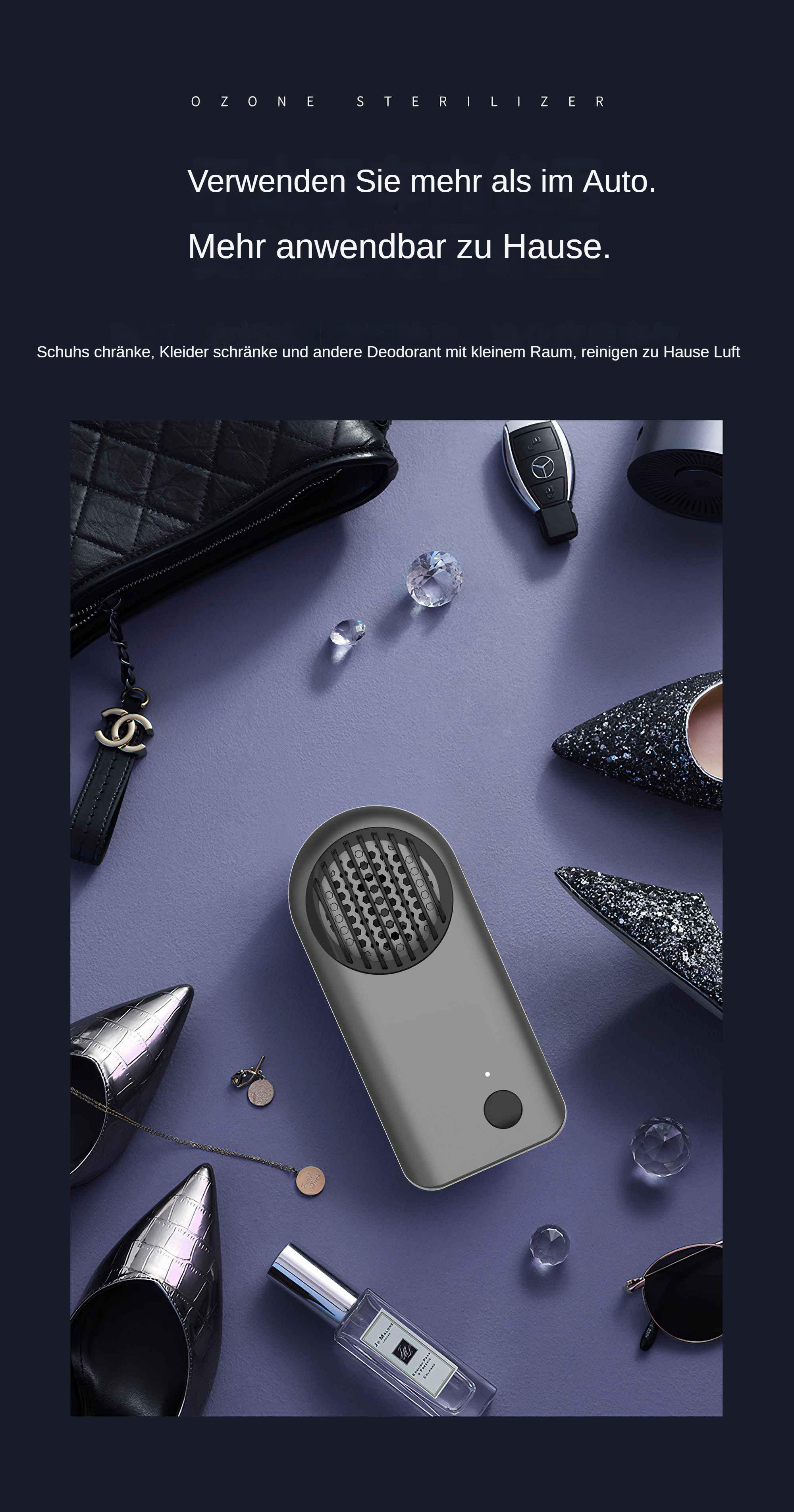 Ozon-Sterilisator mit Schuhen, Handtasche, Parfüm und Accessoires, für Zuhause und Auto zur Geruchsbeseitigung.