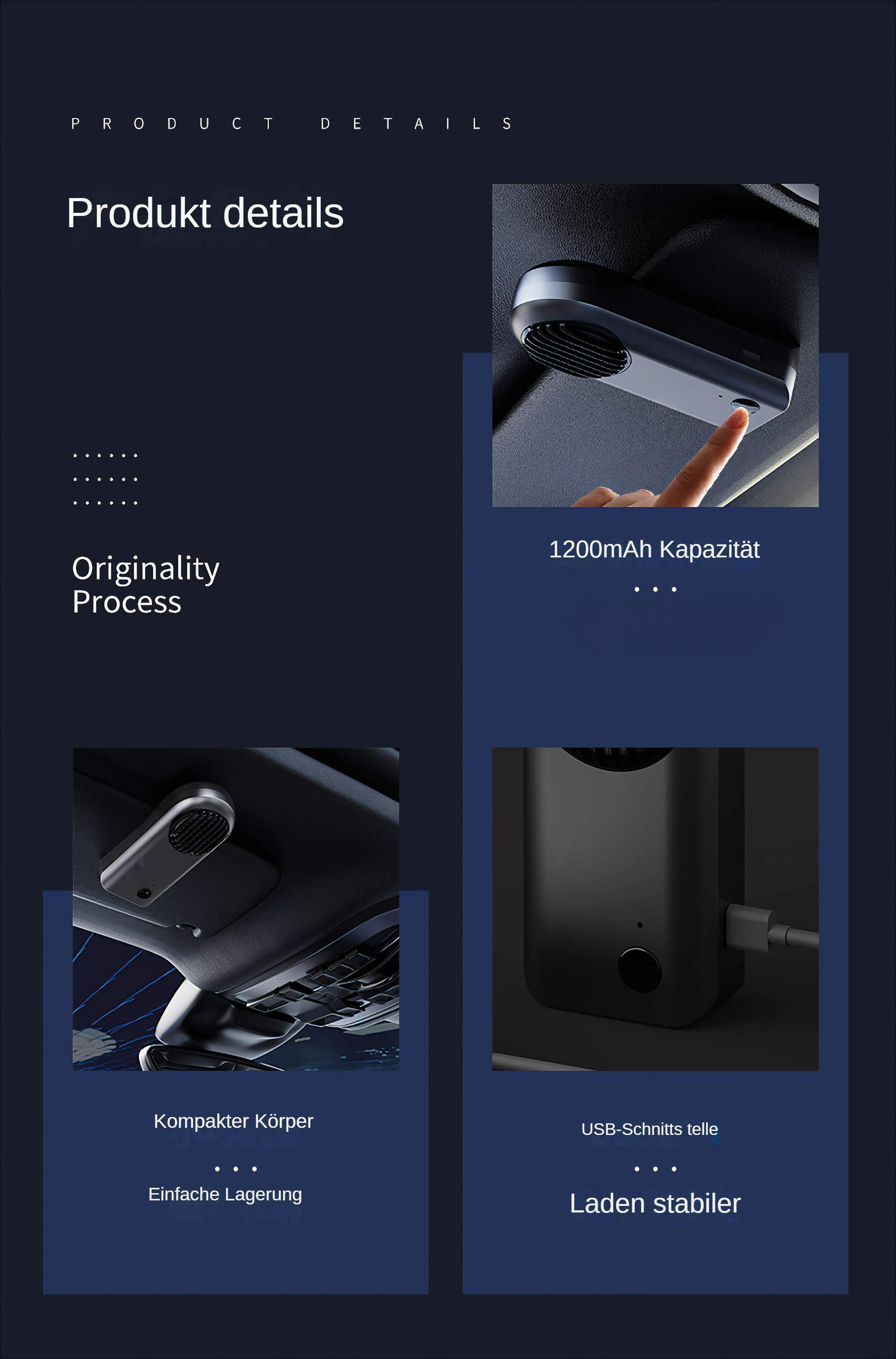 Eine Produktdetailanzeige mit dunkelblauem Hintergrund, die ein kleines Gerät zeigt, das am Innenraum eines Autos befestigt ist.