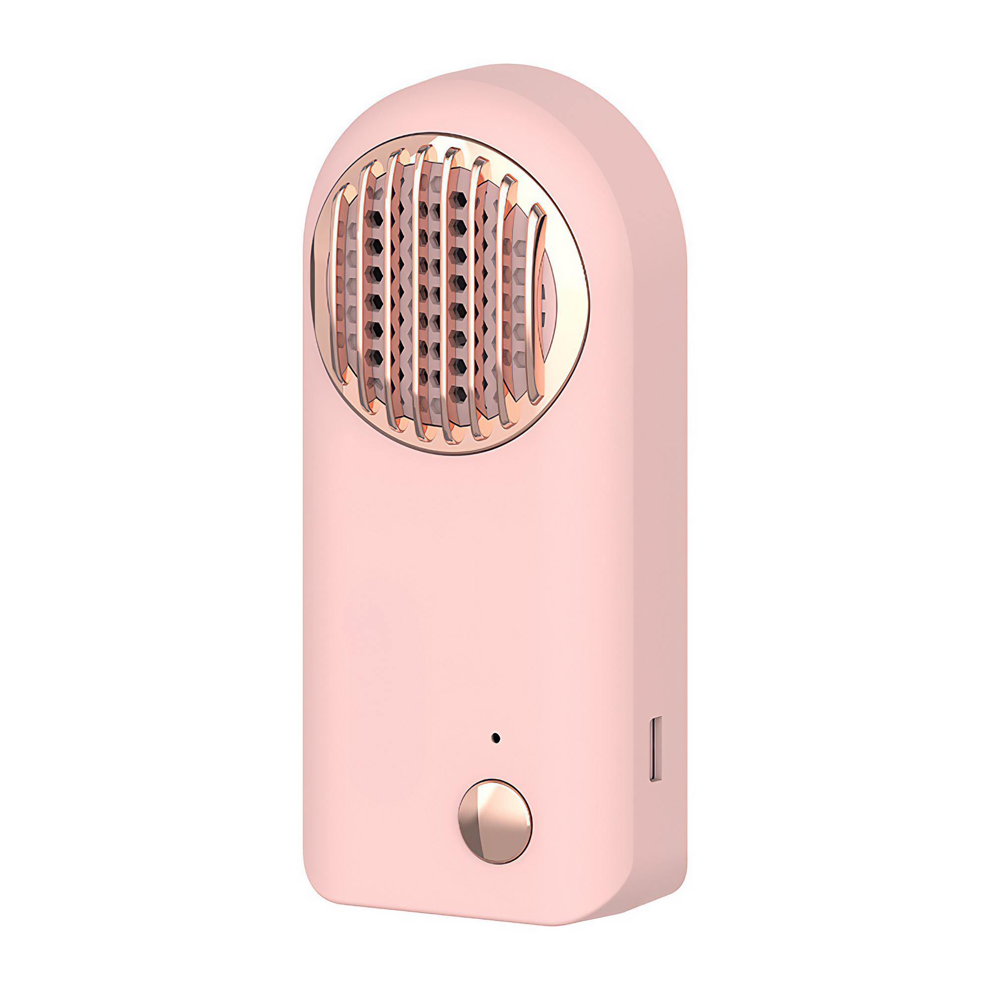 Ein rosa tragbarer Ventilator mit einem roségoldenen Gitter und einem Knopf. Der Ventilator befindet sich auf weißem Hintergrund.