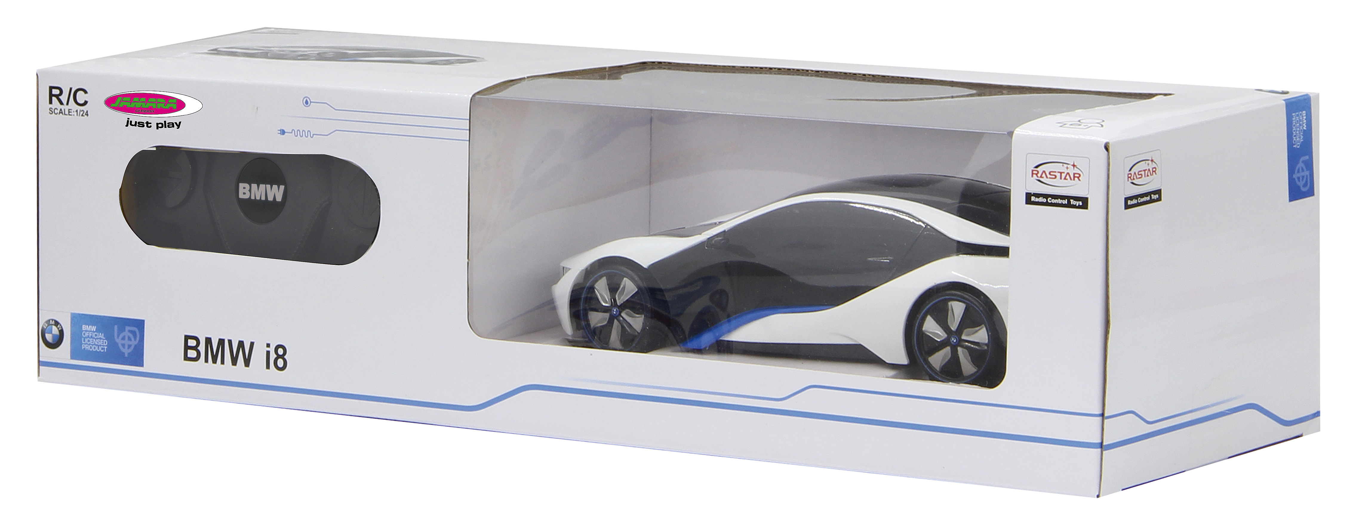 Samochód zabawkowy BMW i8 w białym pudełku z przezroczystym oknem. Samochód jest biało-czarny.