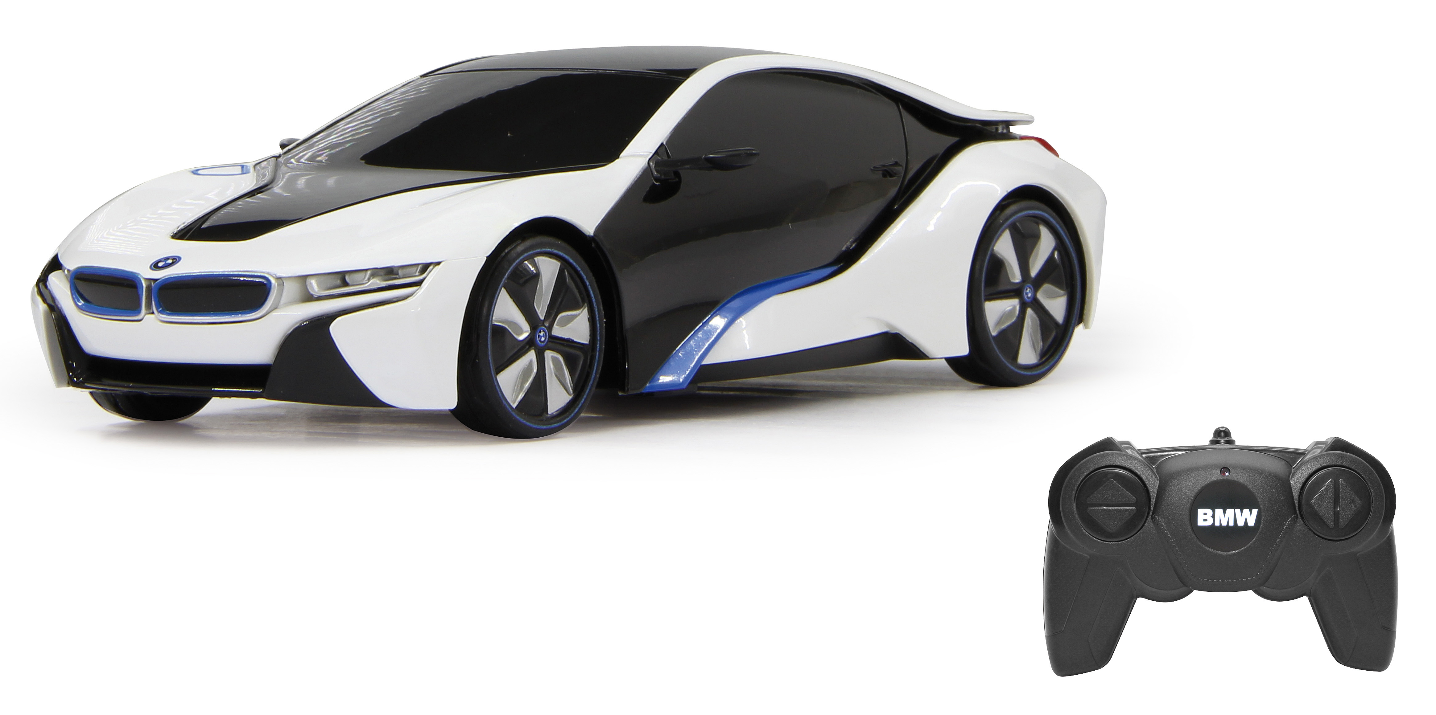 Biało-czarny samochód BMW i8 z niebieskimi akcentami i czarnym pilotem, prezentujący swój wygląd na białym tle.