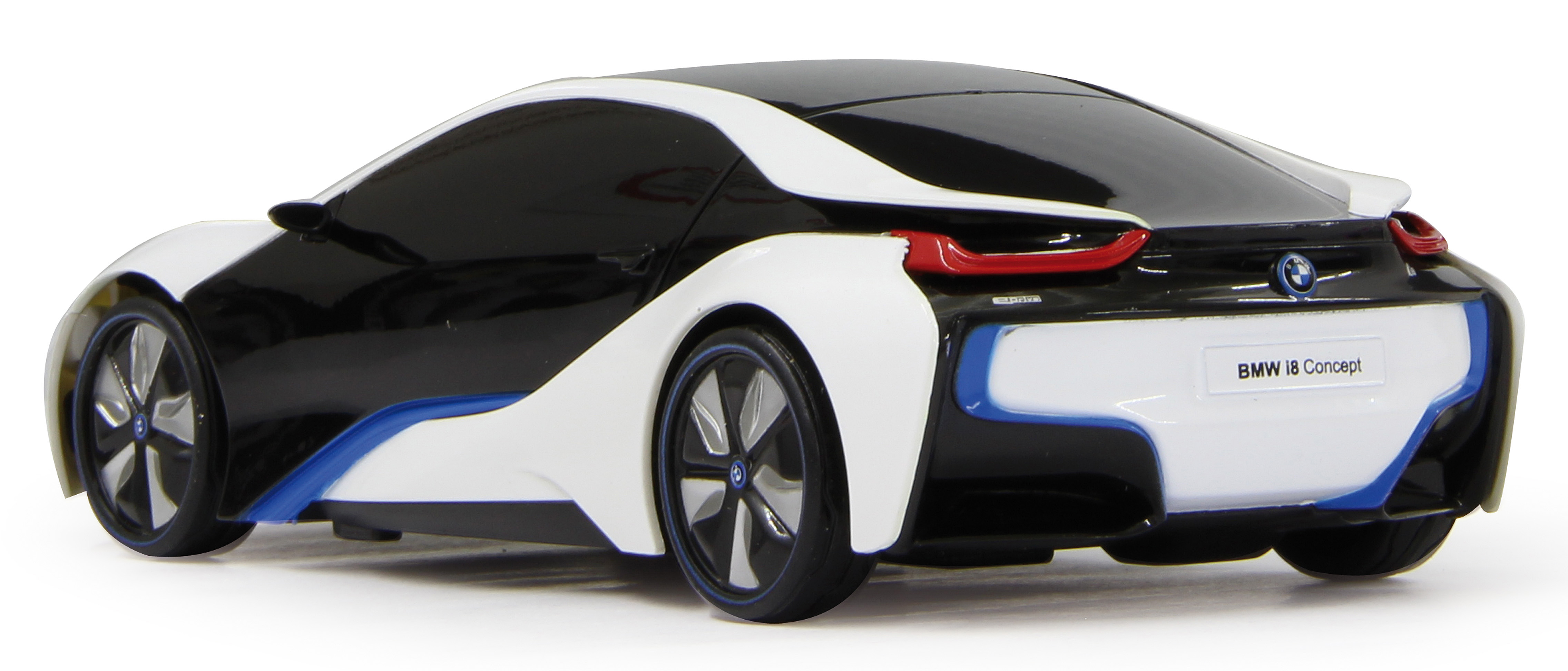 Tył biało-czarnego samochodu zabawkowego BMW i8. Samochód ma niebieskie akcenty i logo BMW.