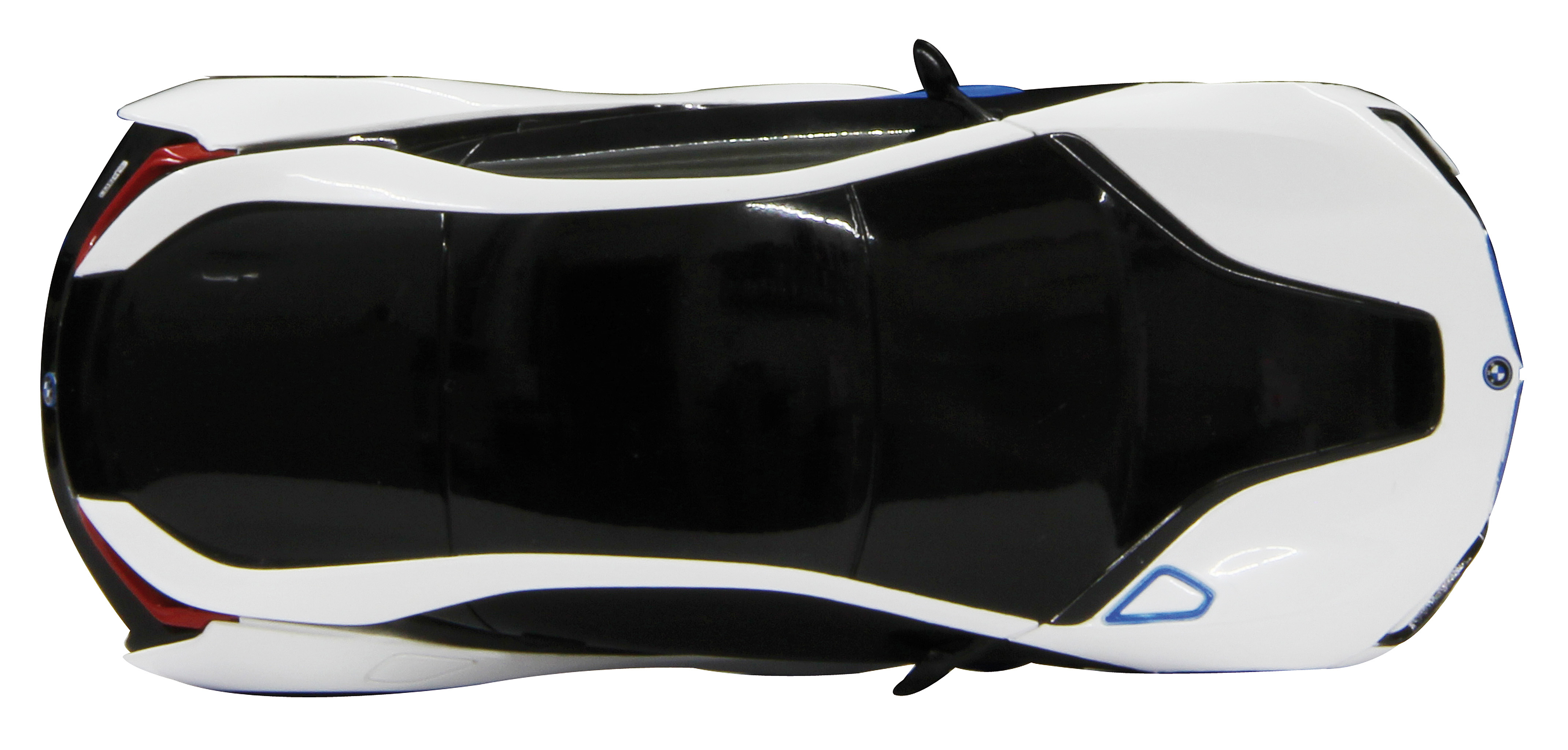 Widok z góry na biało-czarny samochód BMW i8 z niebieskimi akcentami, na tle zwykłego białego tła.