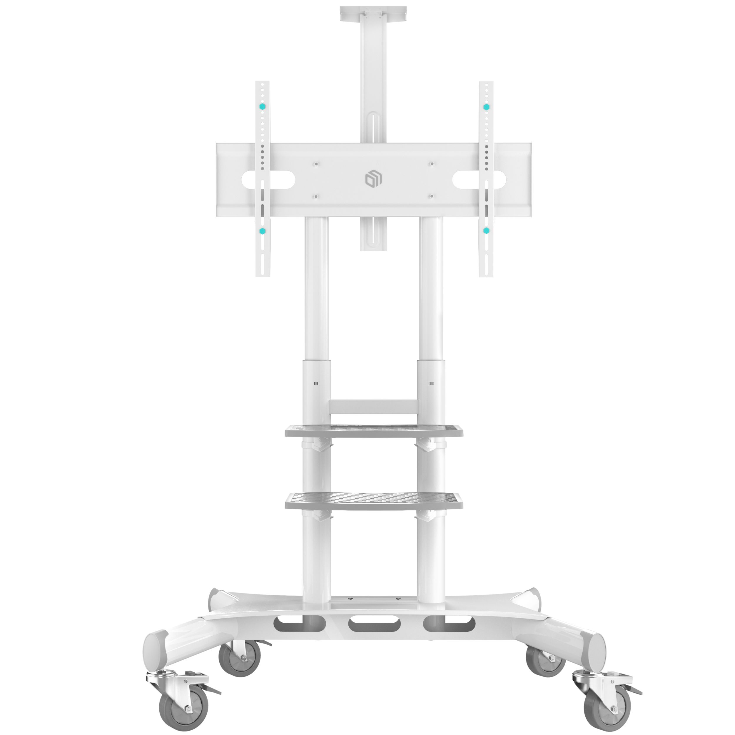 Biały stojak na telewizor na kółkach z dwiema półkami, przedstawiony na tle zwykłego białego tła, prezentujący minimalistyczny design.