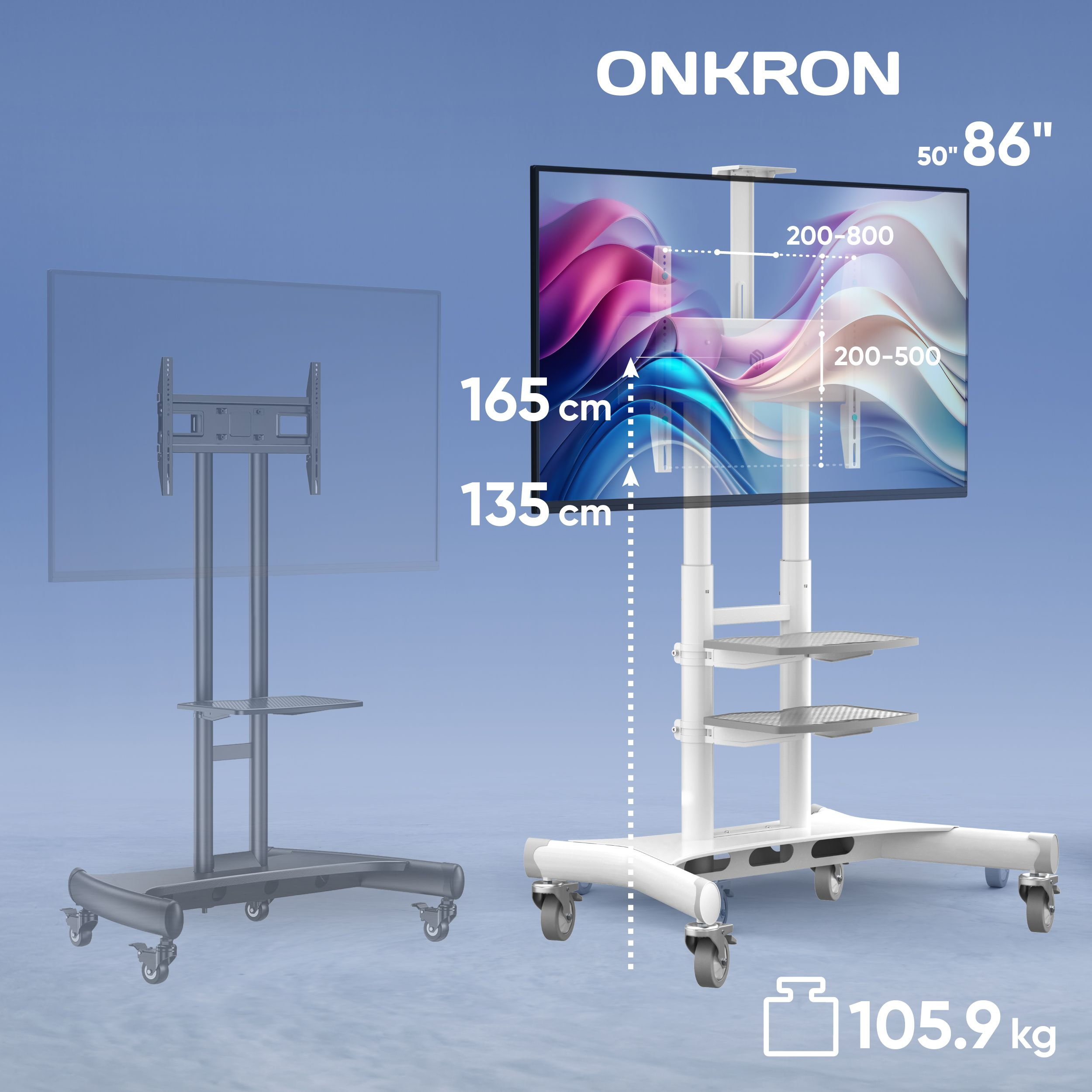 Pokazano dwa białe stojaki na telewizor na kółkach, jeden przezroczysty, podkreślający wymiary i informacje o nośności z nałożonym tekstem.