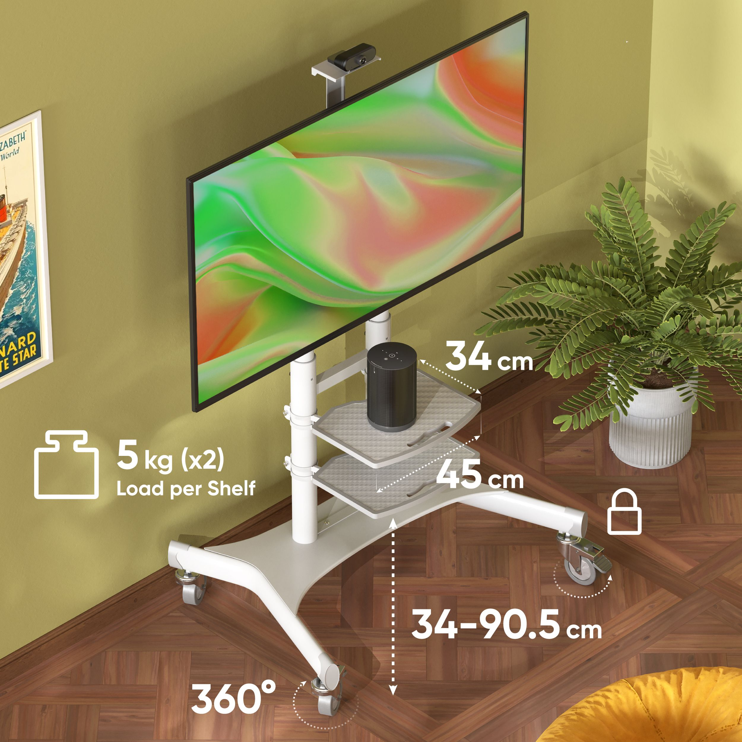 Telewizor na białym stojaku na kółkach z półkami, głośnikiem i paprotką, z tekstem wskazującym nośność półek i wymiary.