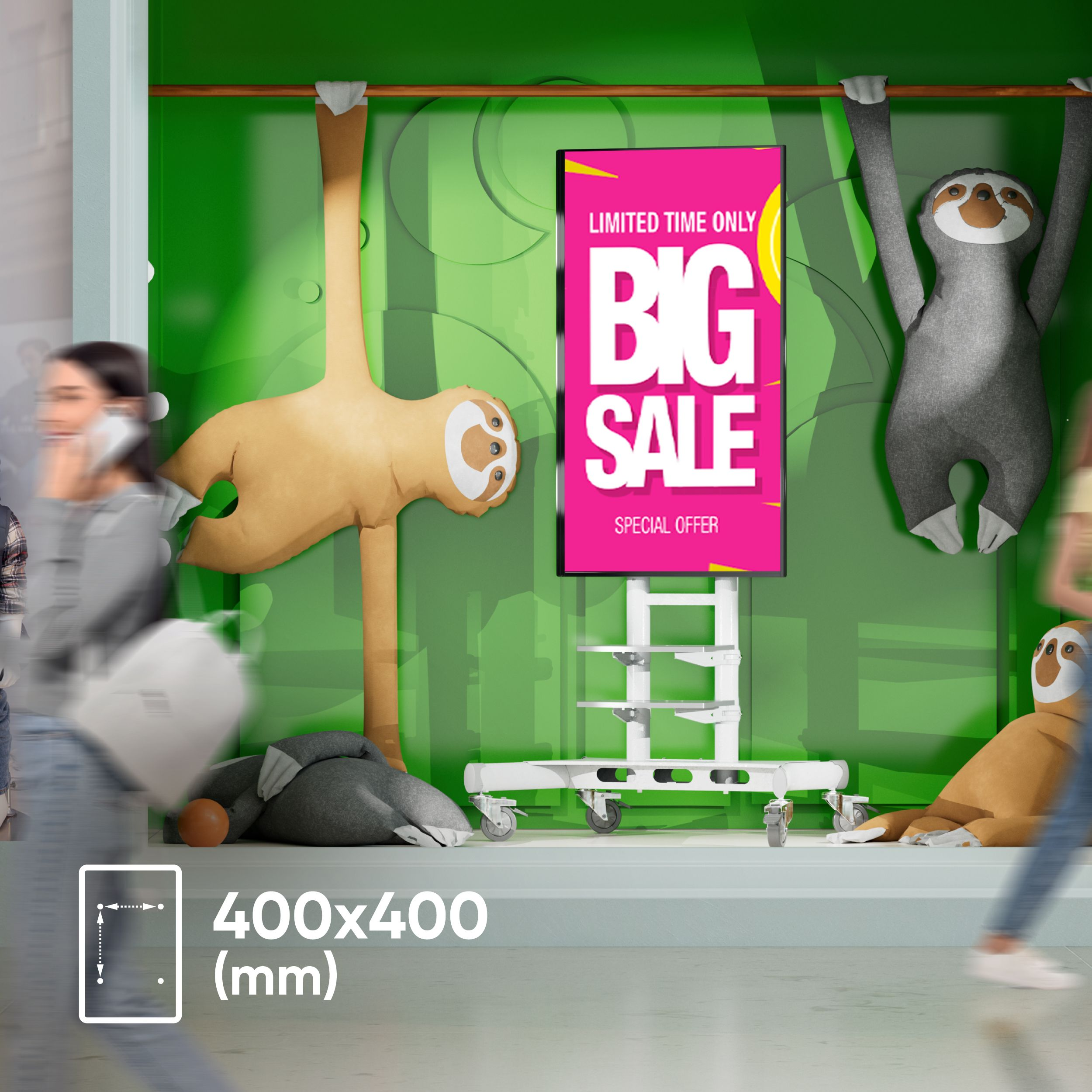 Telewizor na białym stojaku na kółkach wyświetla znak "WIELKA WYPRZEDAŻ", otoczony pluszakami leniwców w scenerii sklepu.