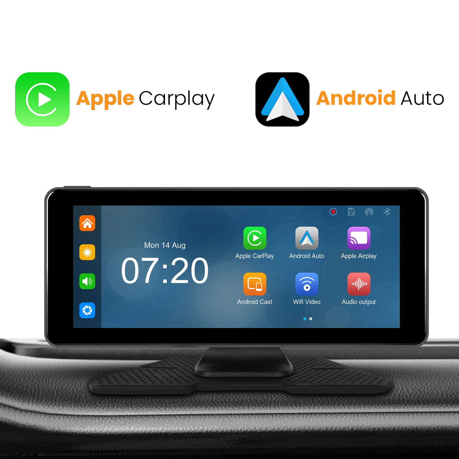 Écran multimédia de voiture affiche l'heure, CarPlay, Android Auto et des icônes d'applications. Sur le tableau de bord avec support.