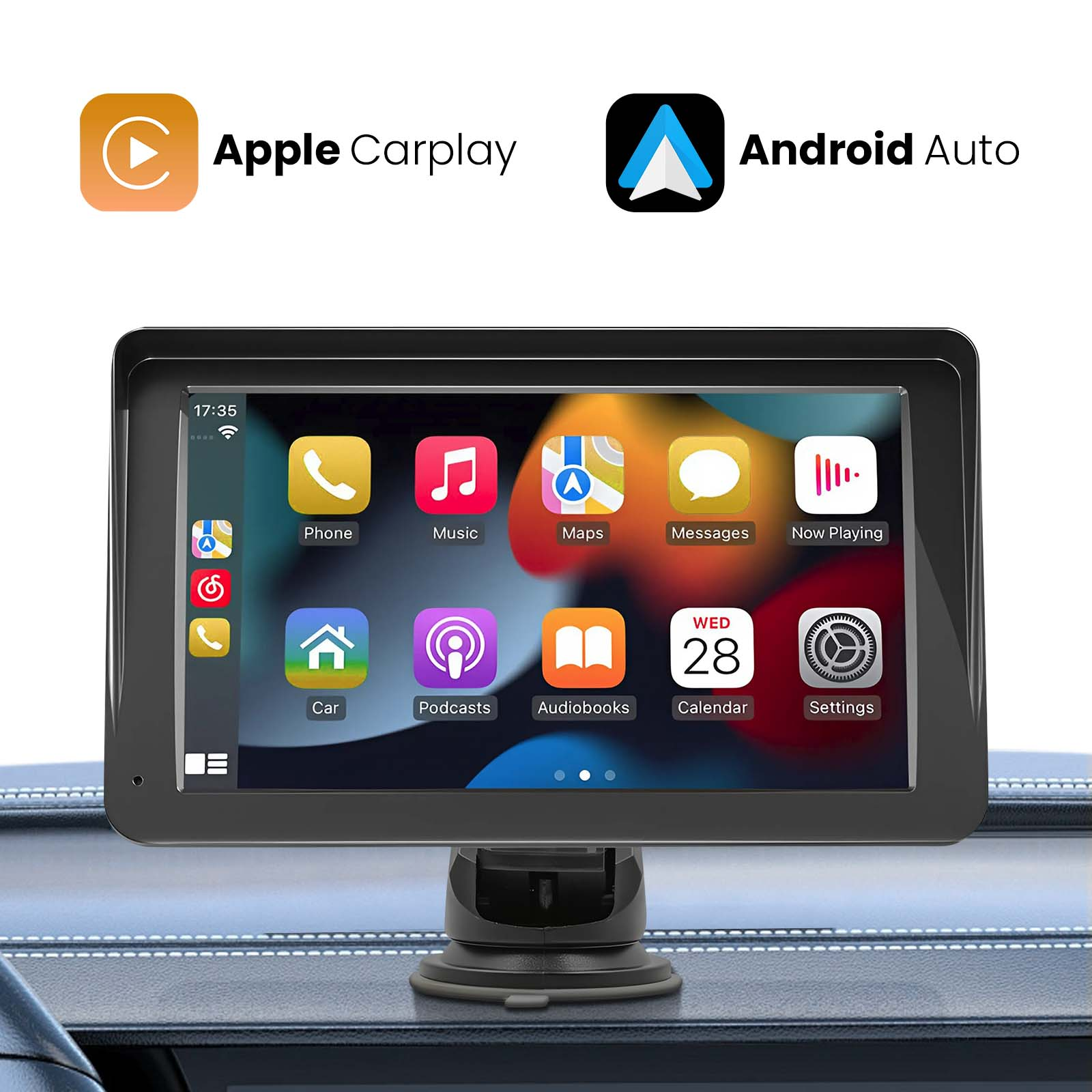Ein Auto-Display zeigt App-Symbole, darunter Telefon, Musik, Karten, Nachrichten, Podcasts, Hörbücher und Kalender.