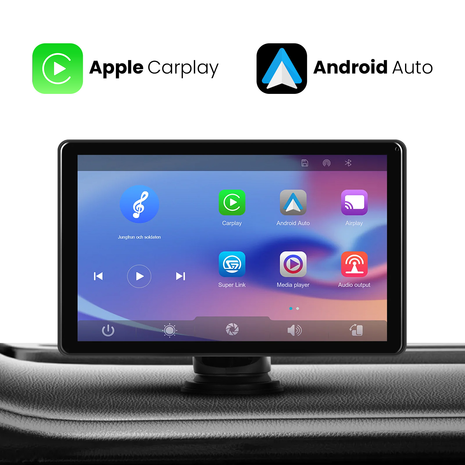 Écran de voiture avec icônes d'applications et support à ventouse. Logos Apple CarPlay et Android Auto en haut.