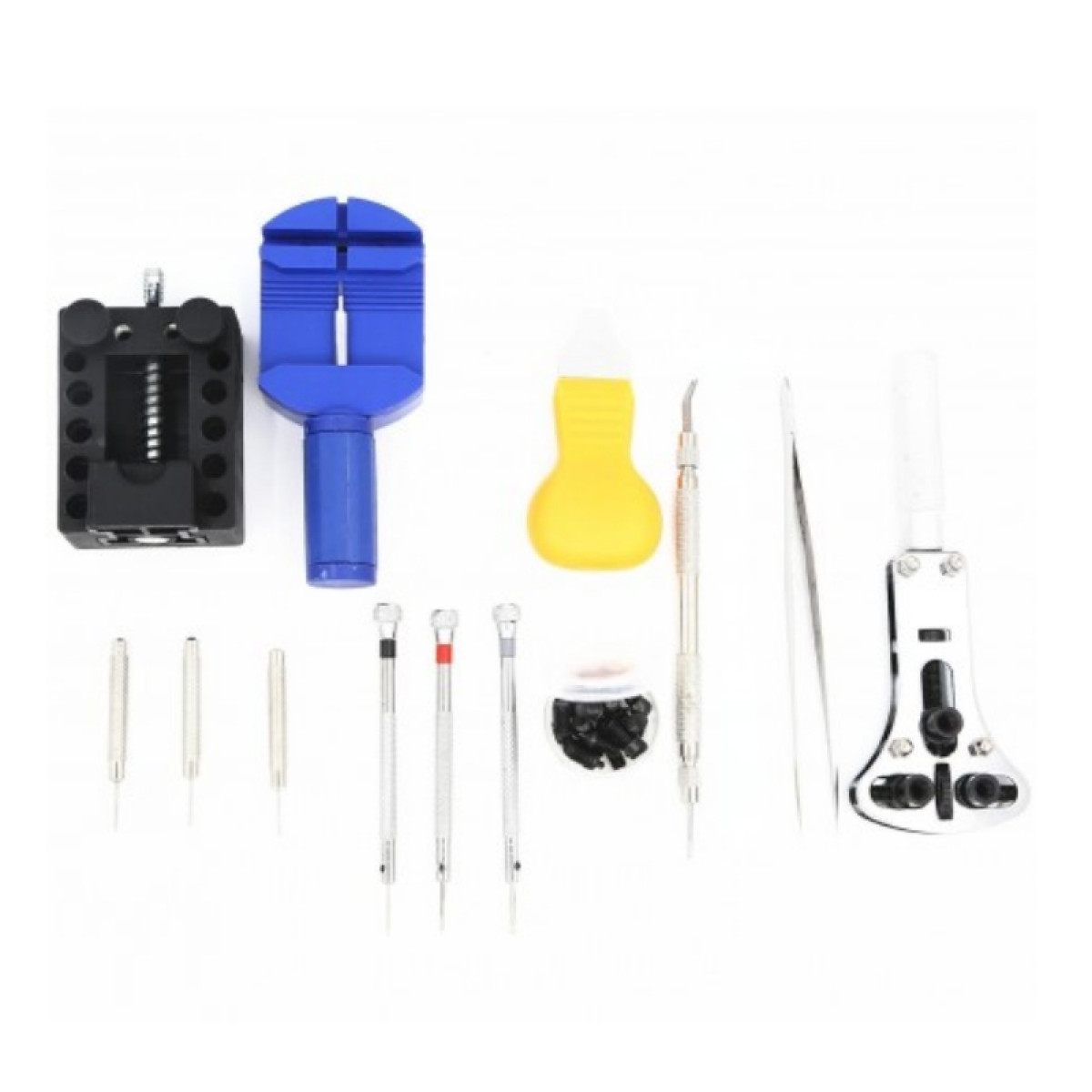 Una collezione di strumenti per la riparazione di orologi. Include uno strumento nero con un morsetto blu e uno strumento giallo.