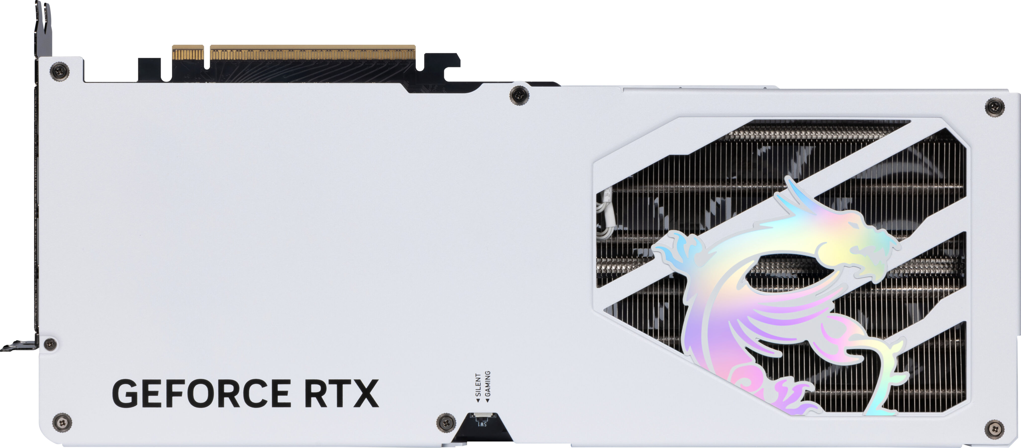 Witte grafische kaart met een witte achterplaat en de woorden 'GEFORCE RTX'.