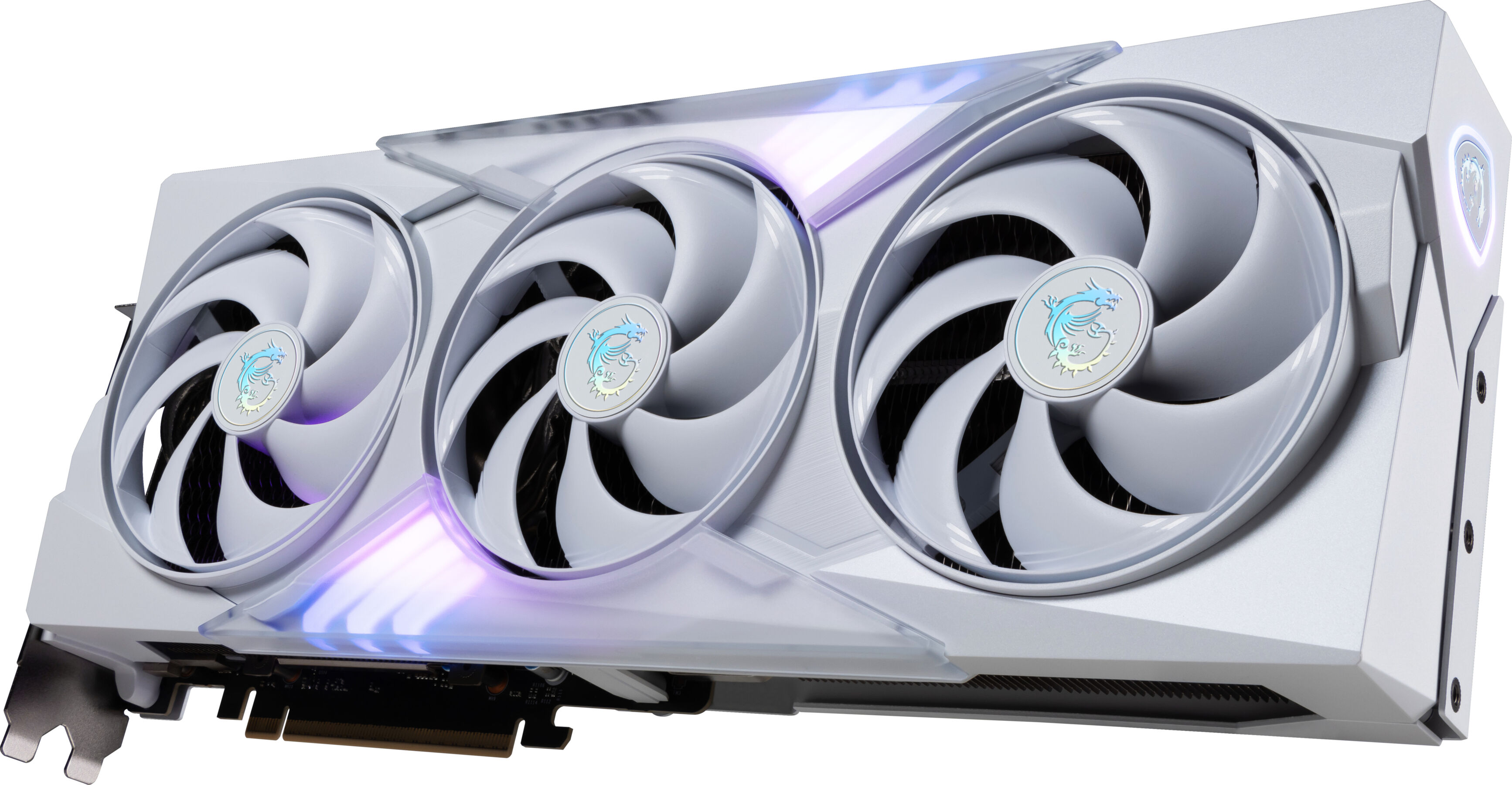 Een witte grafische kaart met drie ventilatoren wordt weergegeven. De ventilatoren hebben een drakenlogo in het midden en lichten.