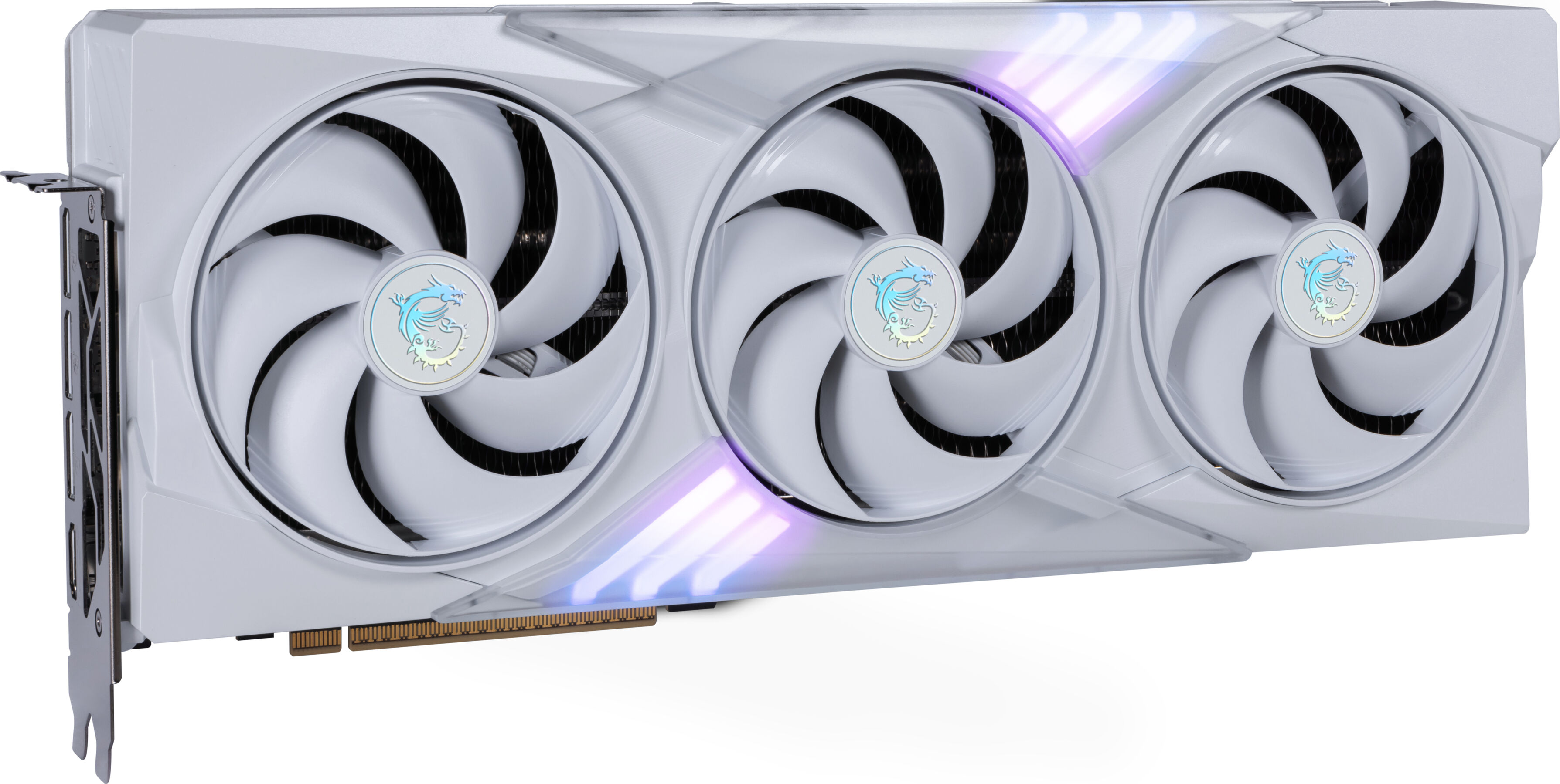 Een witte grafische kaart met drie ventilatoren wordt weergegeven. De ventilatoren hebben een drakenlogo in het midden en lichten.