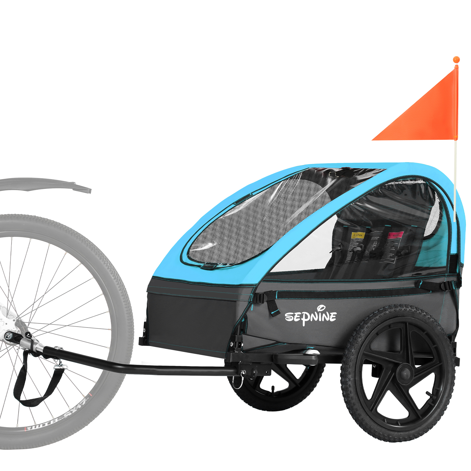 Rimorchio per bici per bambini blu e grigio con bandiera arancione, su sfondo bianco.