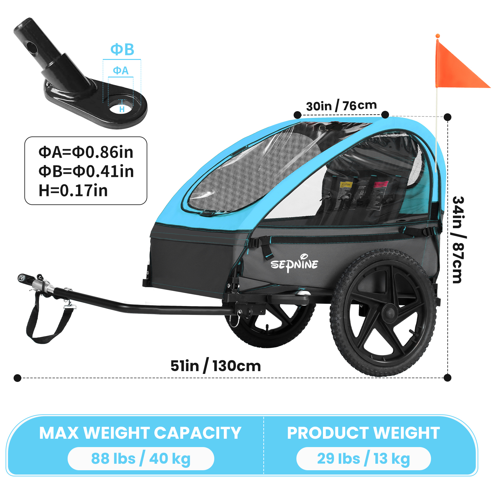 Un rimorchio per bici per bambini blu e nero con dimensioni e dettagli sul peso, inclusa una bandiera.