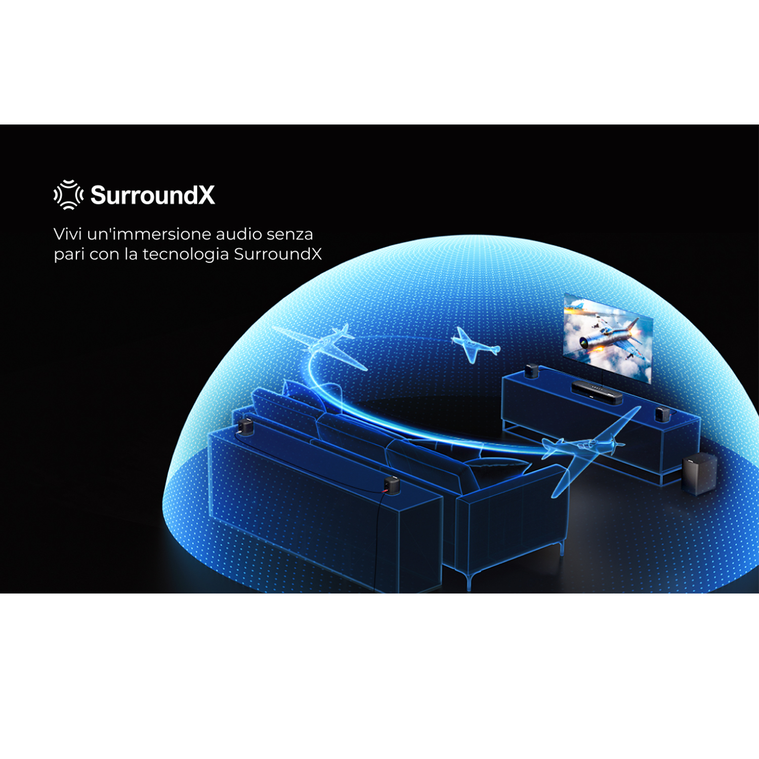 Soggiorno con divano, TV e configurazione audio surround. Vengono emesse onde sonore blu.
