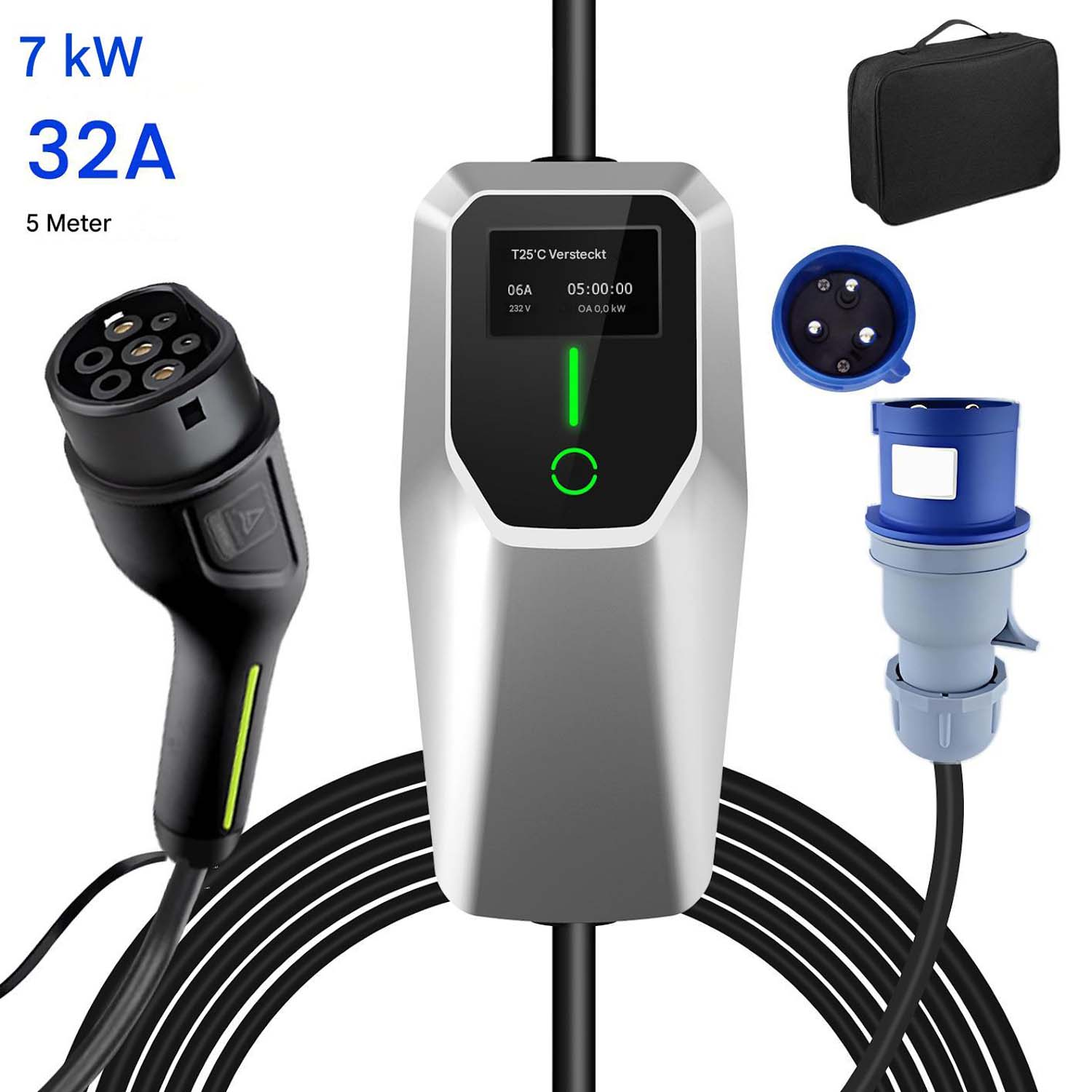 Ładowarka do pojazdów elektrycznych z wieloma wtyczkami i cyfrowym wyświetlaczem. Urządzenie jest srebrne.