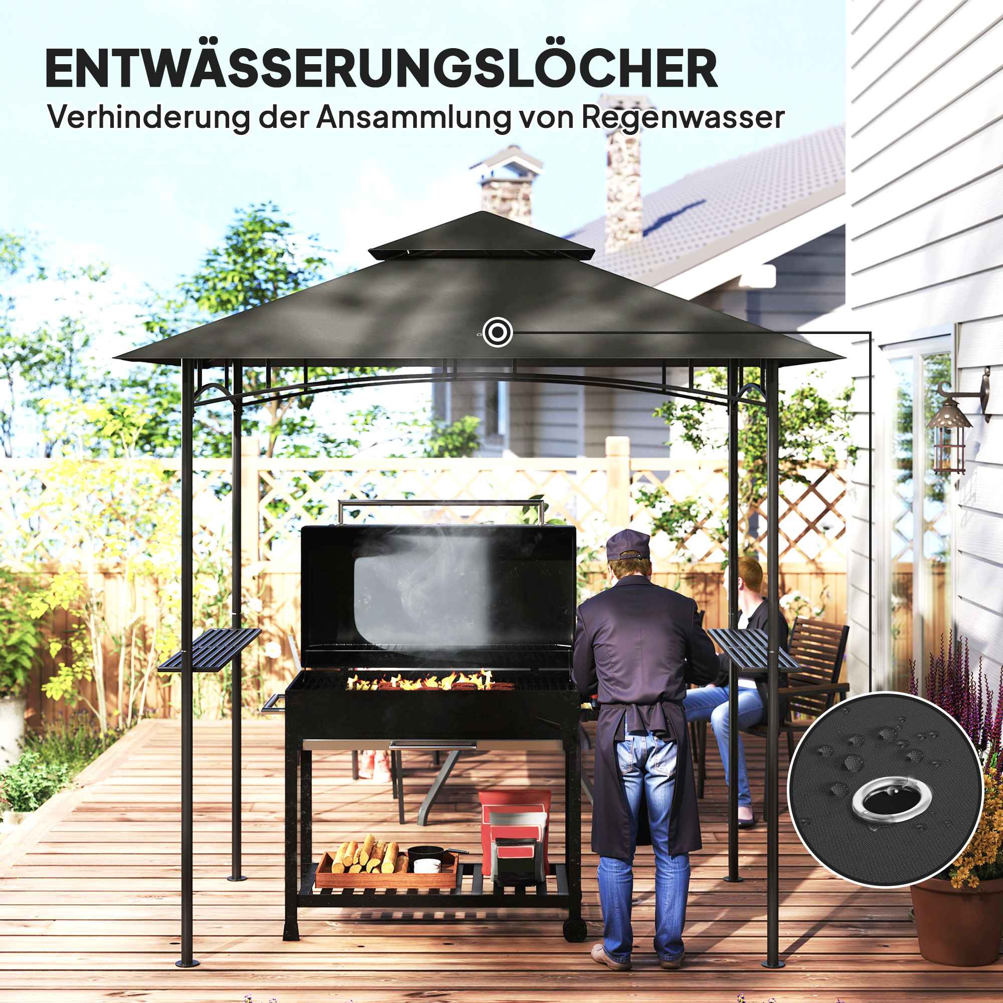 Eine Gartenszene mit schwarzem Pavillon, Grill und einem Paar. Ein Mann grillt.