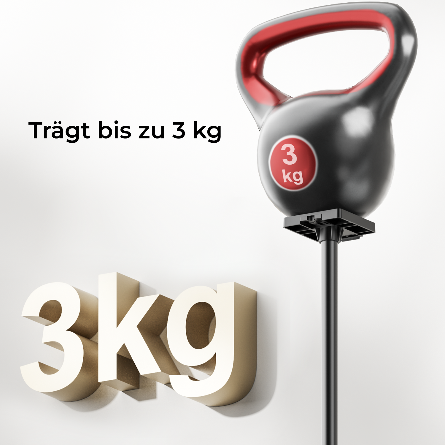 Eine schwarze und rote Kettlebell auf einem Ständer. Text: Trägt bis zu 3 kg und ein 3 kg Logo.