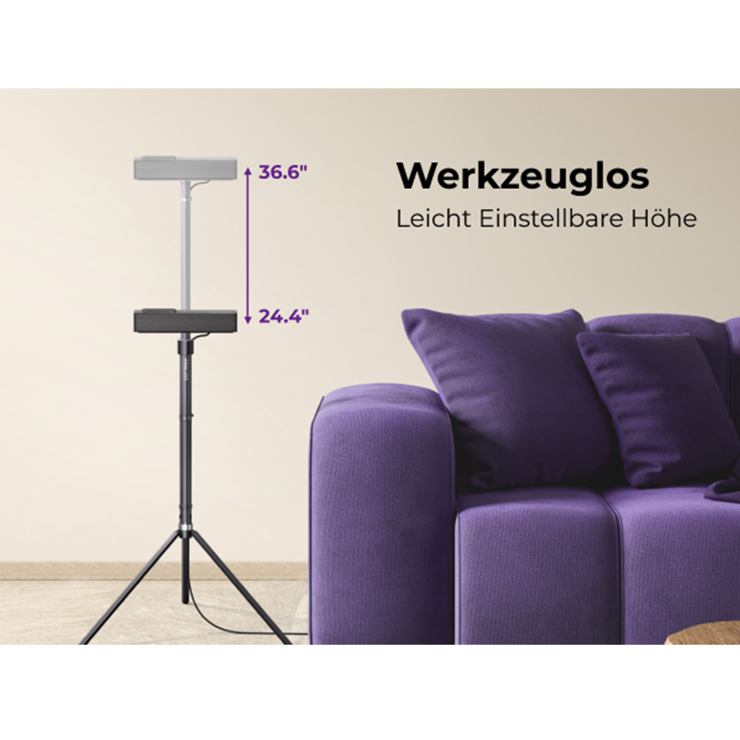 Ein Lautsprecherständer neben einer lila Couch, mit Höhenmessungen in Zoll und Text 'Werkzeuglos'.
