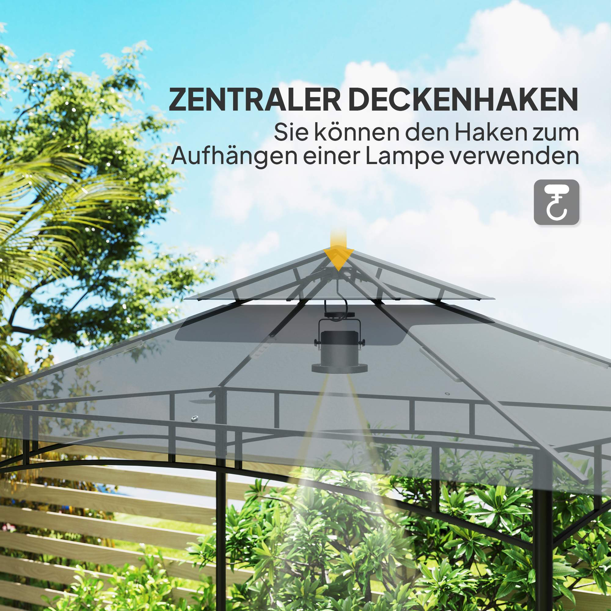 Ein grauer Pavillon mit einer Leuchte. Ein Haken zum Aufhängen einer Lampe wird gezeigt.