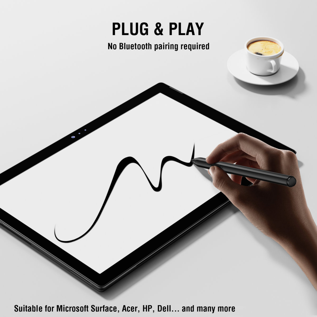 Czarny rysik rysuje zakrzywioną linię na ekranie tabletu. W tle filiżanka kawy.