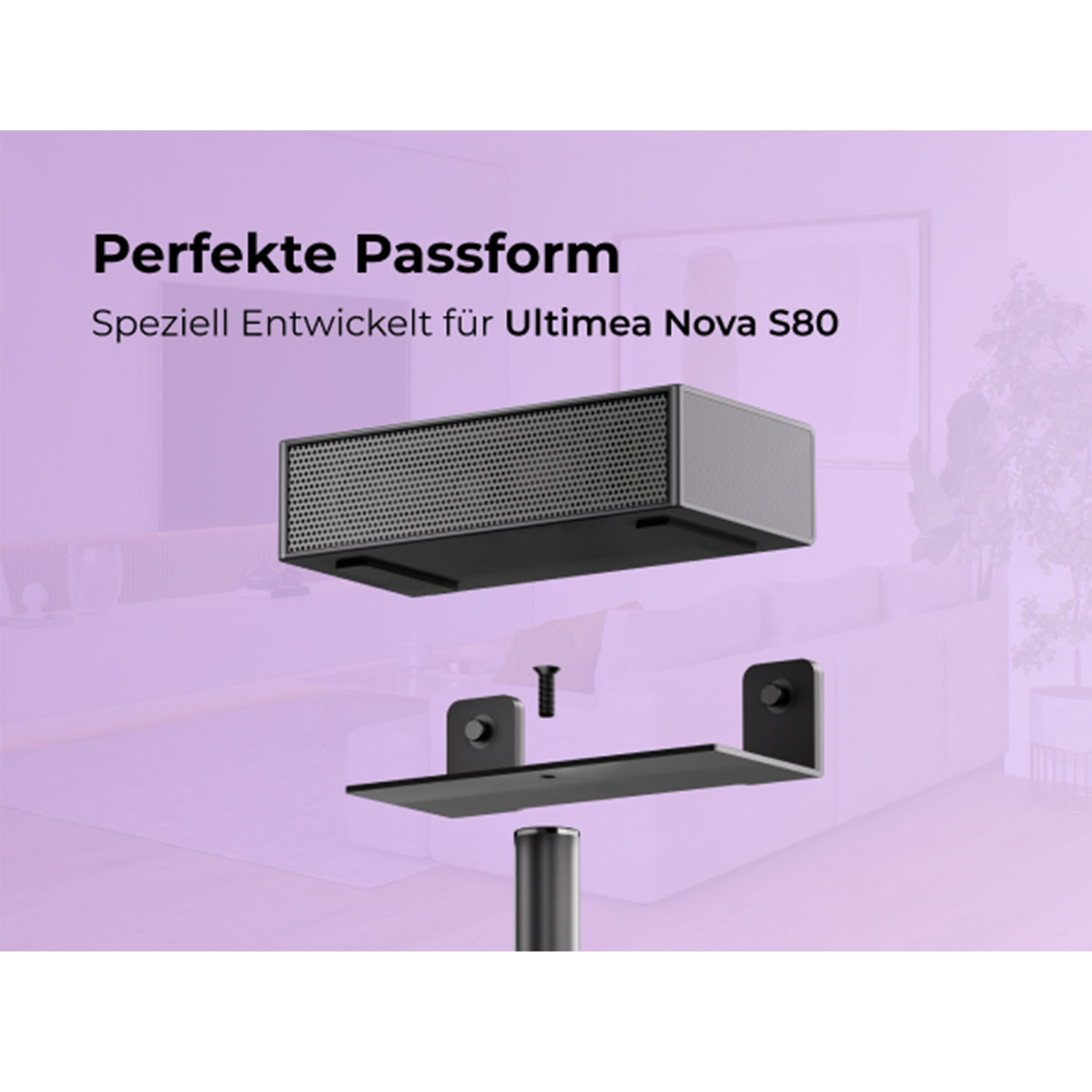 Ein Lautsprecher und Montagematerial sind abgebildet. Der Text lautet: Perfekte Passform, Speziell Entwickelt für Ultimea Nova S80.