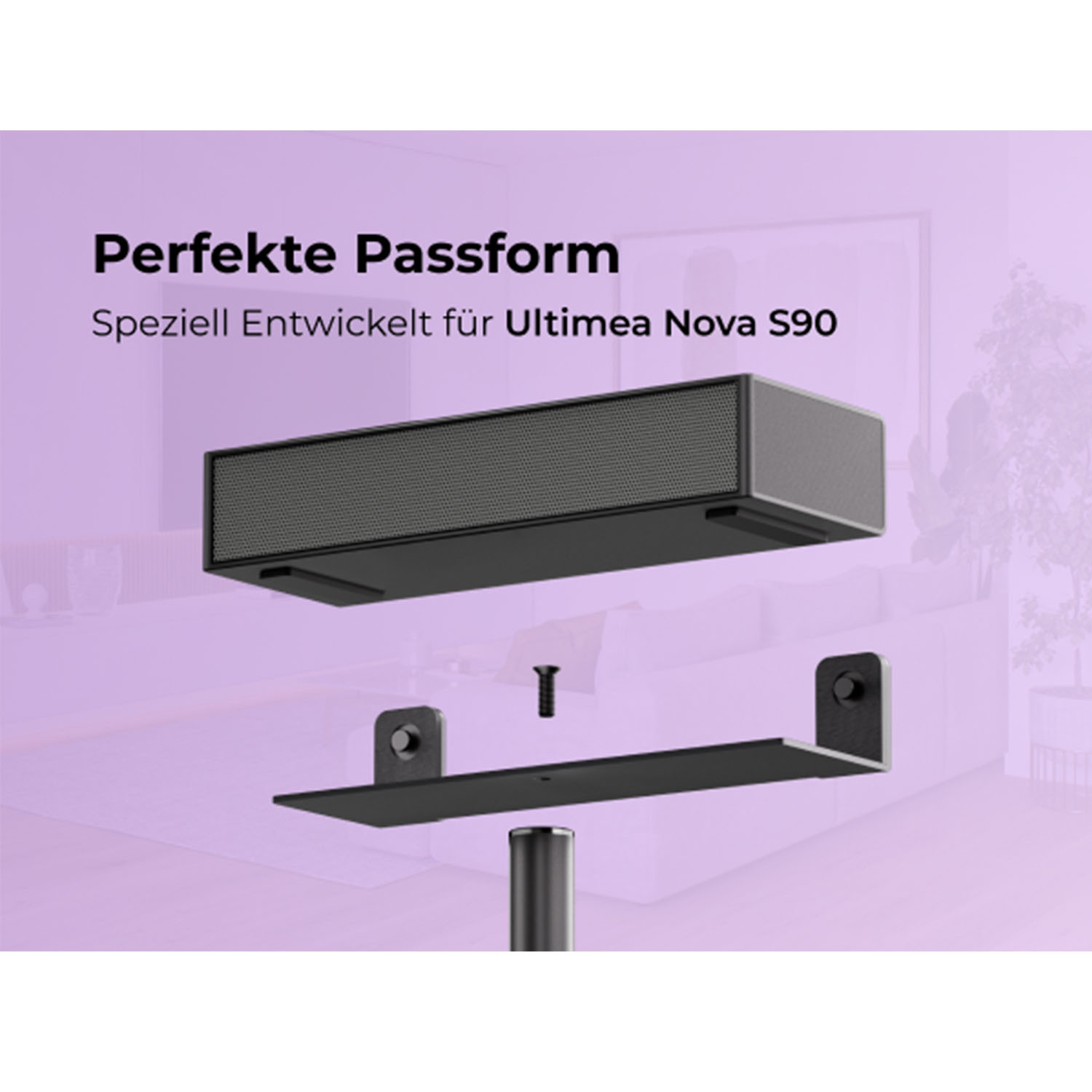 Ein Lautsprecher und Montagematerial sind abgebildet. Der Text lautet: Perfekte Passform, Speziell Entwickelt für Ultimea Nova S90.