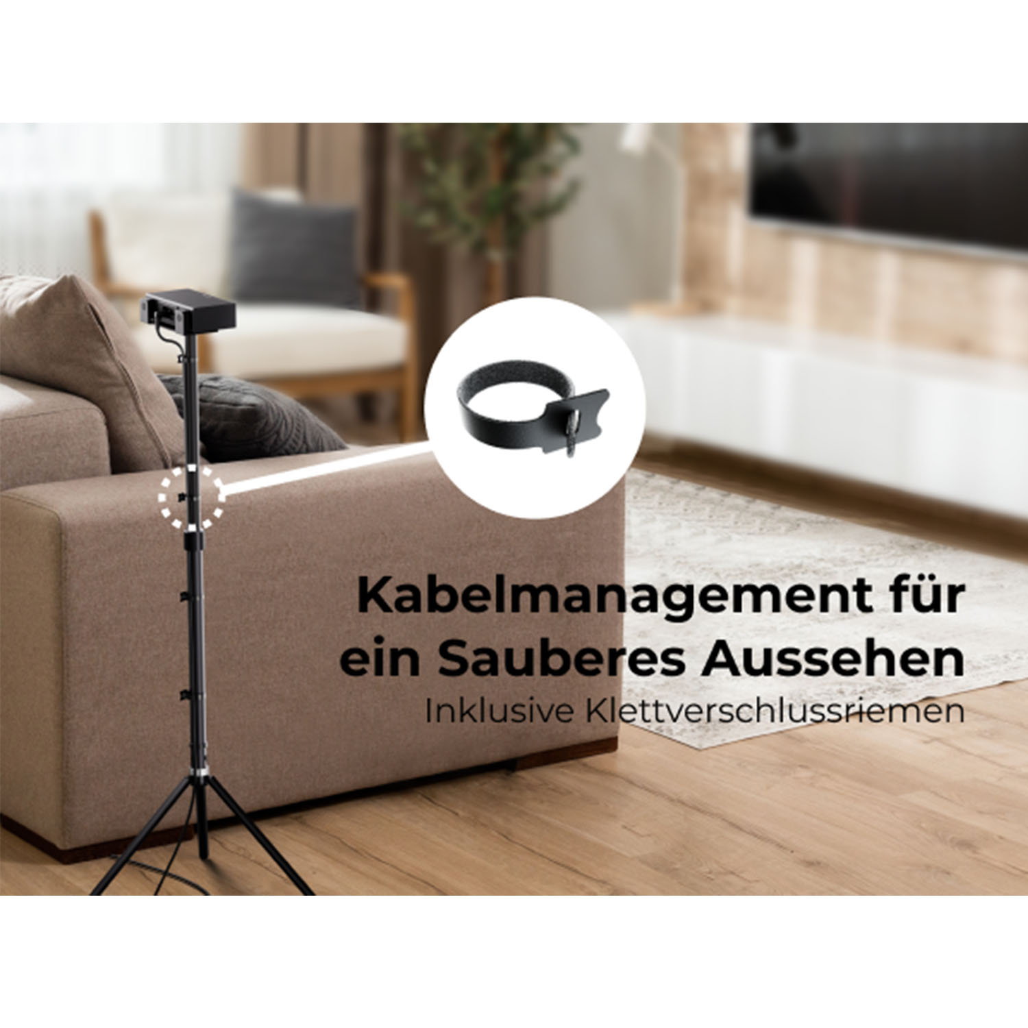 Lautsprecher auf einem Ständer mit Kabelmanagement. Ein Kabelbinder wird gezeigt. Text: Kabelmanagement für ein sauberes Aussehen.