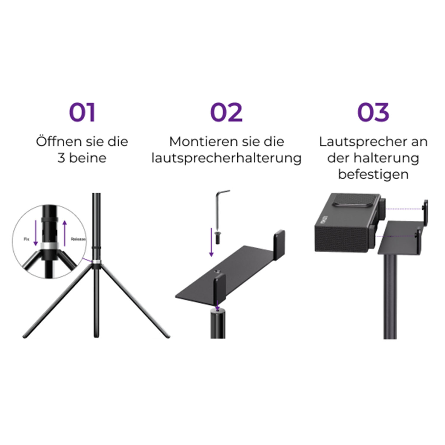 Drei Bilder zeigen die Lautsprecherständer-Montage. Schritt 1: Beine öffnen. Schritt 2: Halterung montieren. Schritt 3: Lautsprecher anbringen.