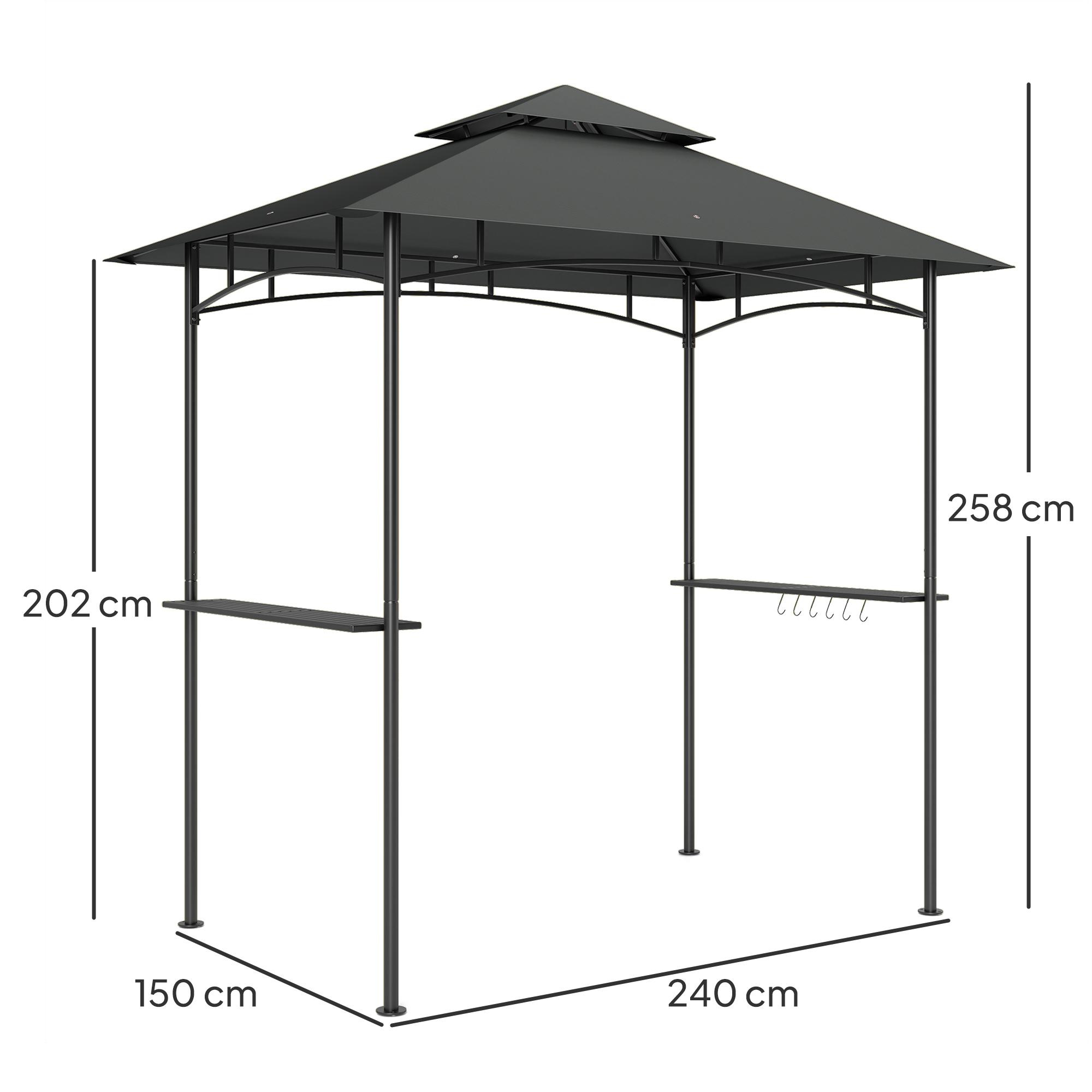 Ein schwarzer Pavillon mit den Maßen: 202 cm hoch, 150 cm breit, 240 cm lang und insgesamt 258 cm hoch.