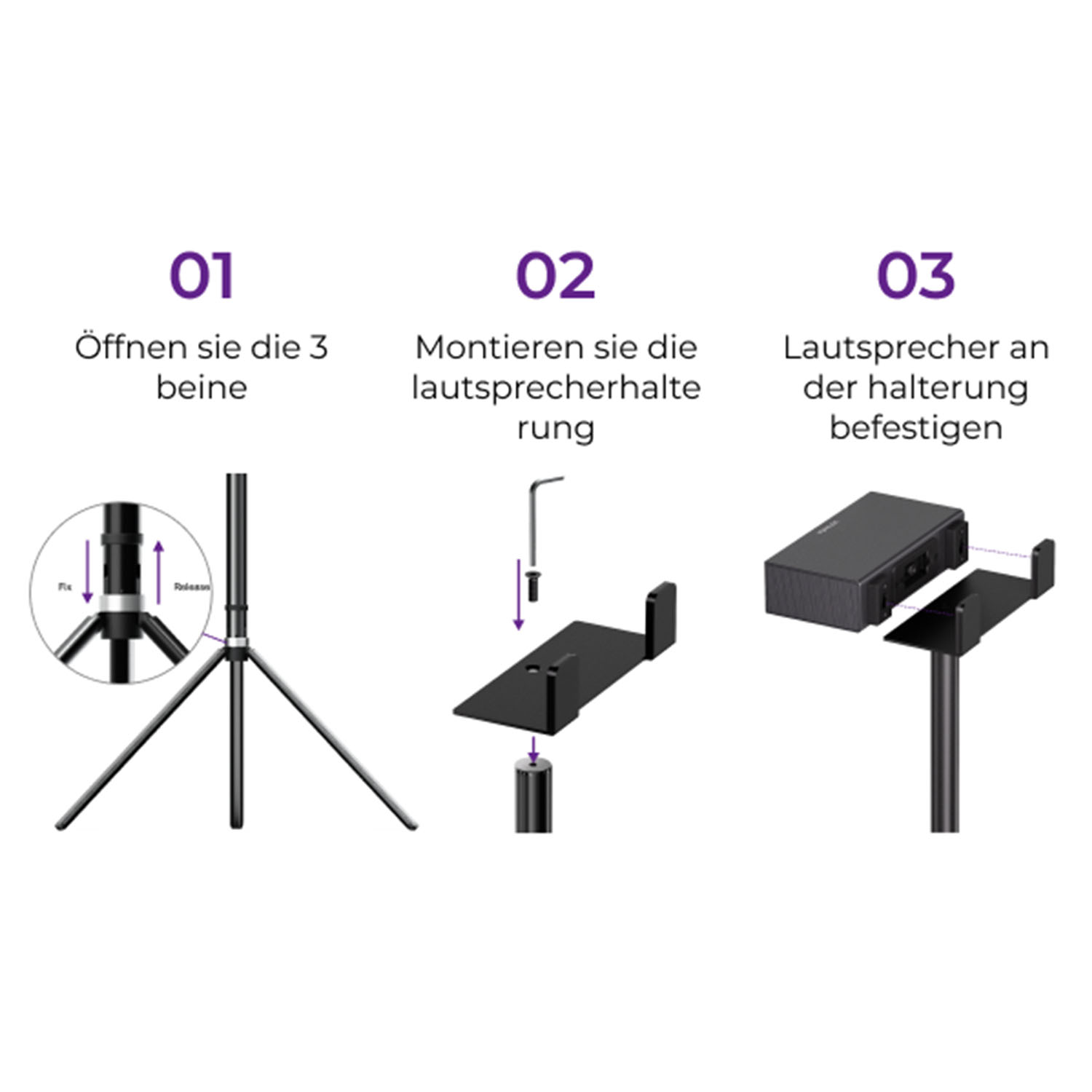 Drei Schritte zur Montage eines Lautsprecherständers. Schritt 1: Beine öffnen. Schritt 2: Ständer montieren. Schritt 3: Lautsprecher anbringen.