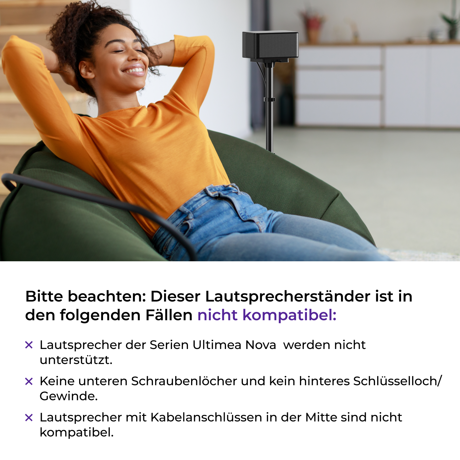 Eine Frau entspannt sich auf einem grünen Sitzsack. Text unten listet Produktkompatibilitätsprobleme auf.