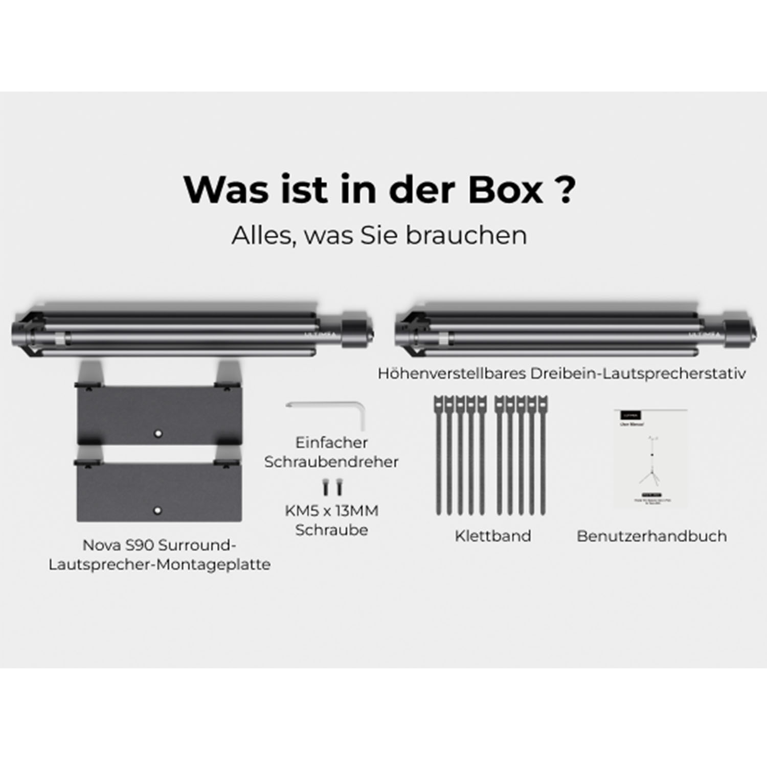 Verschiedene Lautsprecherständer-Komponenten werden gezeigt. Text: Was ist in der Box? Alles, was Sie brauchen.