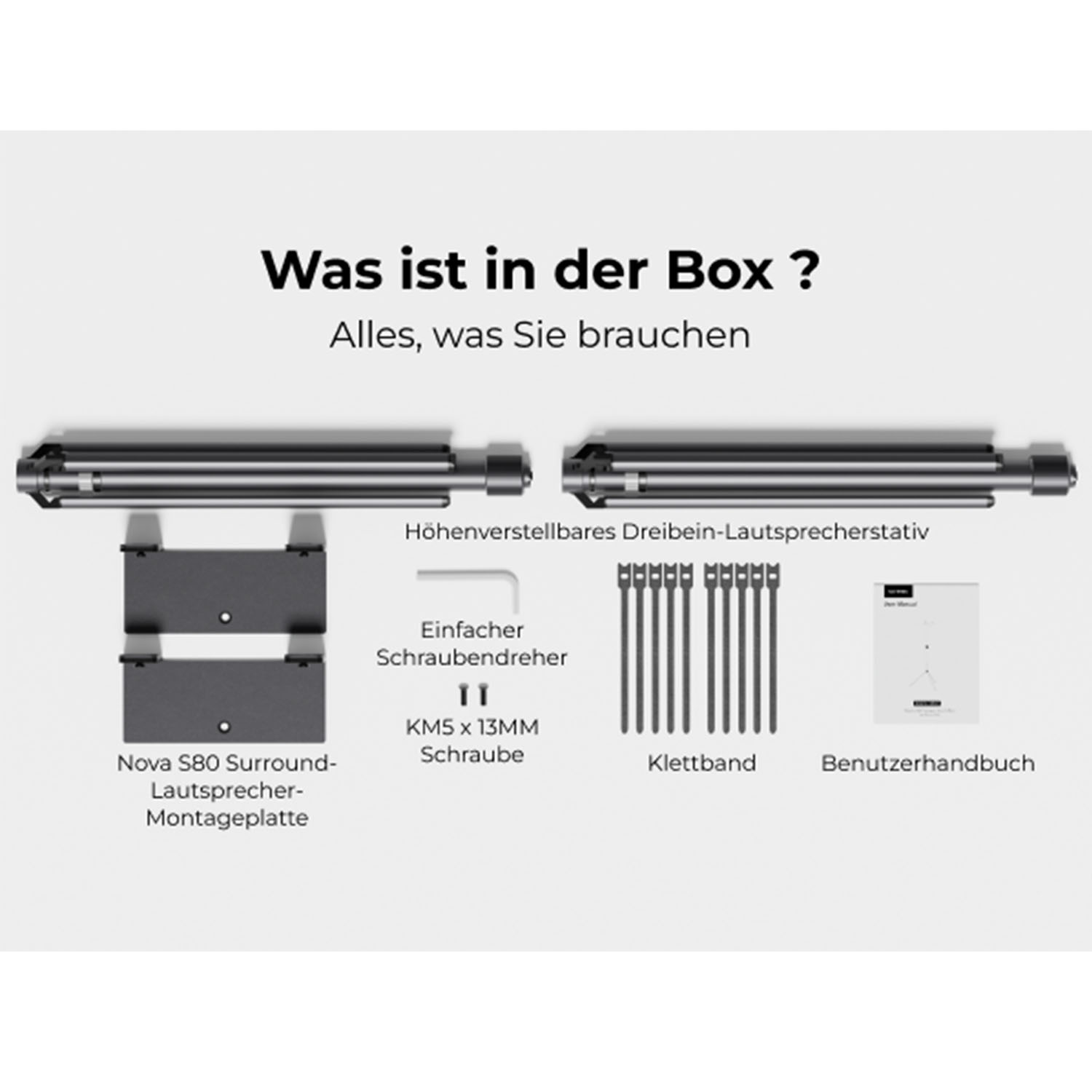 Komponenten eines Lautsprechersets: Lautsprecherständer, Schrauben, ein Schraubendreher, Montageplatten und eine Bedienungsanleitung.
