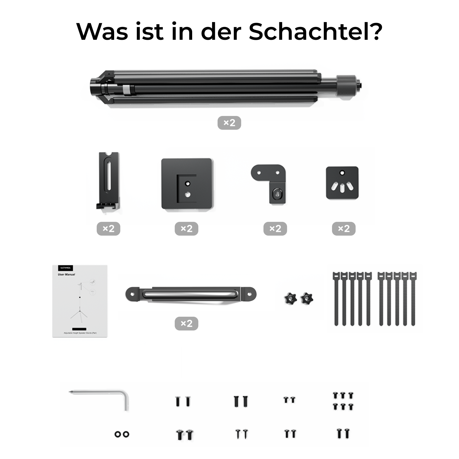 Komponenten eines Lautsprecherständers werden gezeigt. Text: Was ist in der Schachtel? Alles, was Sie brauchen.